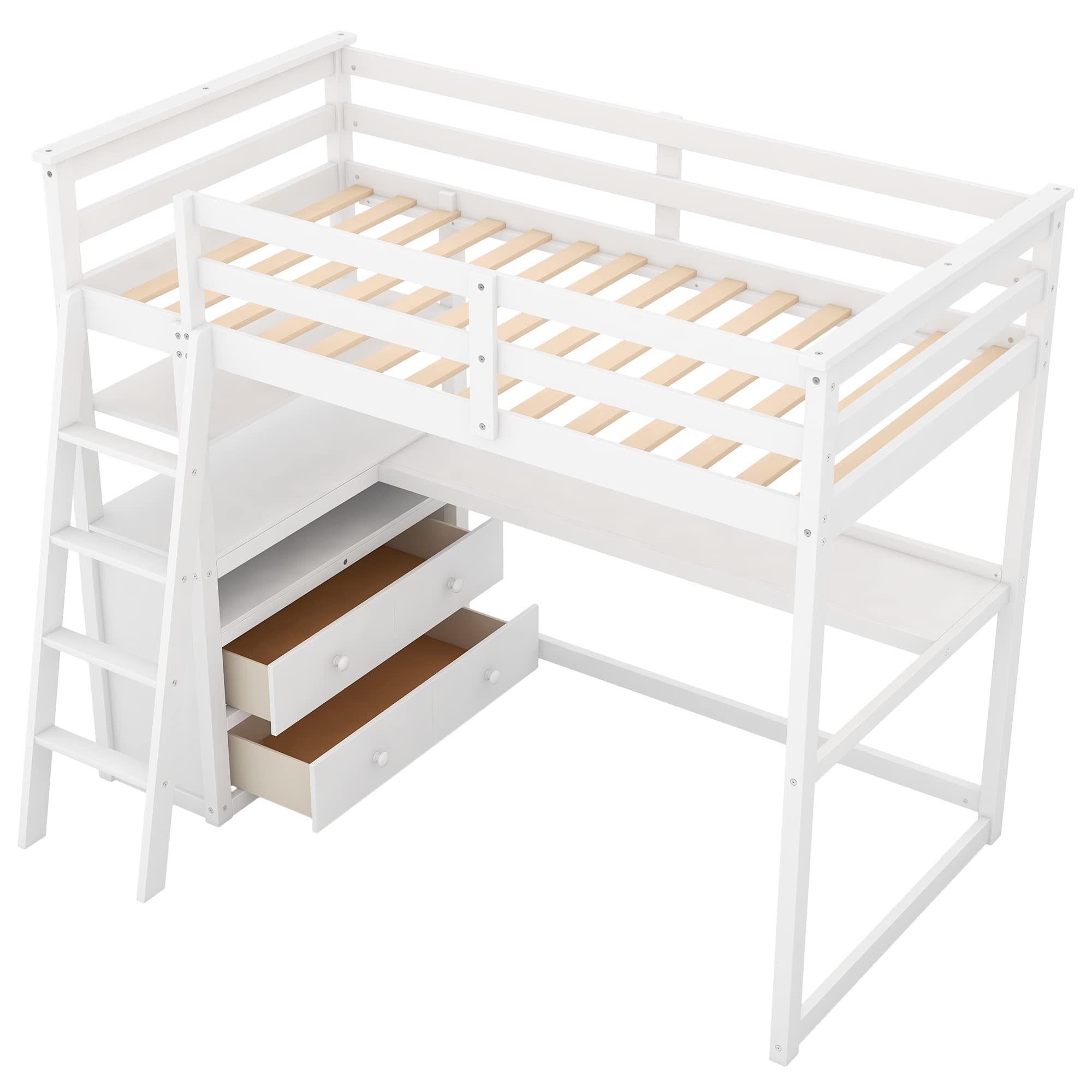 Twin Size Wood Loft Bed with Desk, Shelves & Storage Drawers - Sturdy Study Bed Frame for Kids, Teens & Adults - Perfect for Small Bedrooms, Dorm Rooms & Home Offices (White)