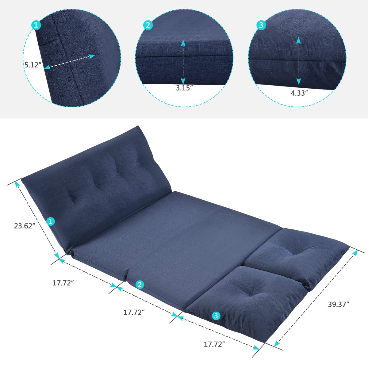 Foldable Floor Couch & Sofa - Adjustable Fabric Chaise Lounge for Living Room, Bedroom - Navy Blue | Perfect for Small Spaces, Movie Nights & Relaxing