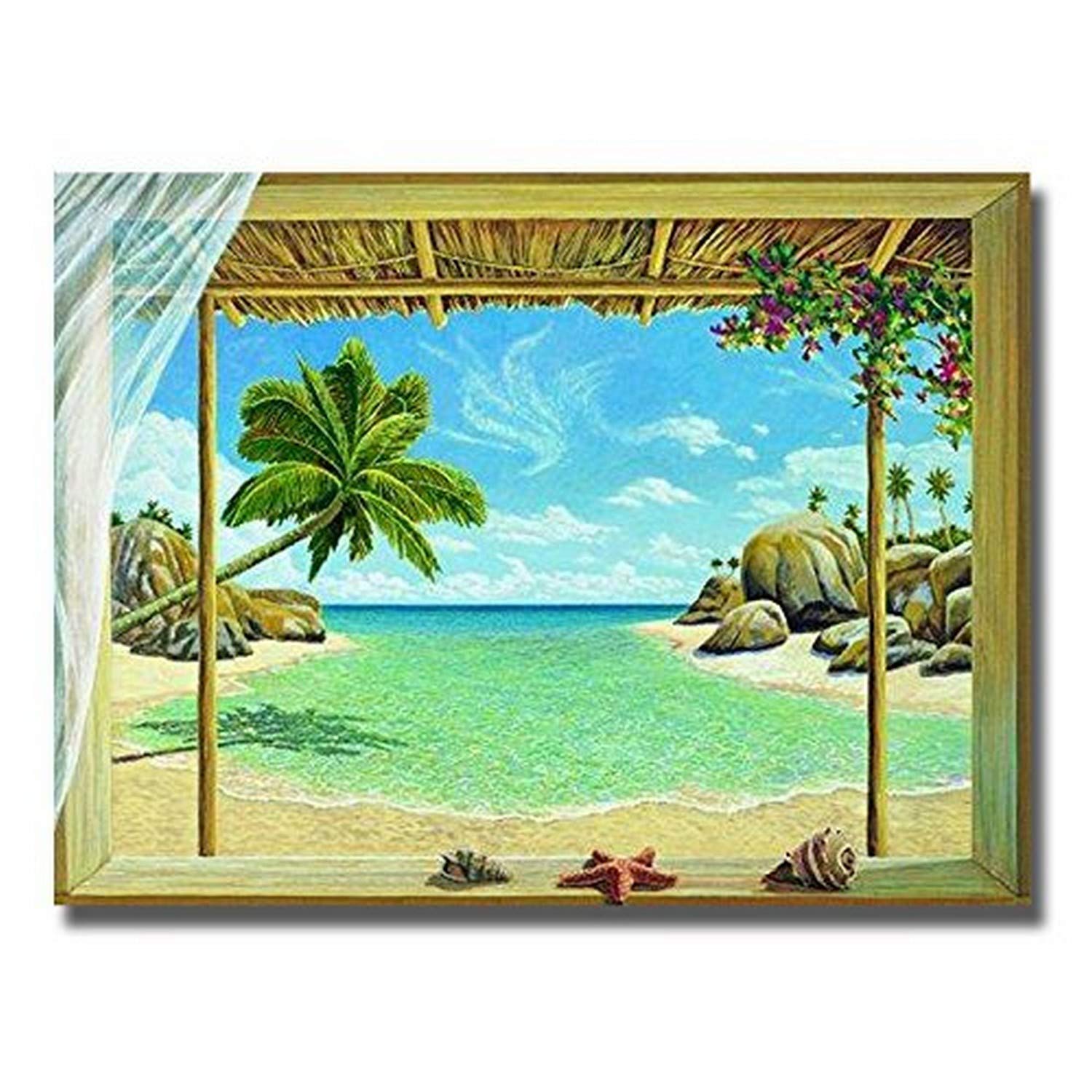 Artistic Home Gallery 3040F395TG Seychelles View Wall Art - Tropical Beach Landscape Painting for Living Room, Bedroom & Office Decor