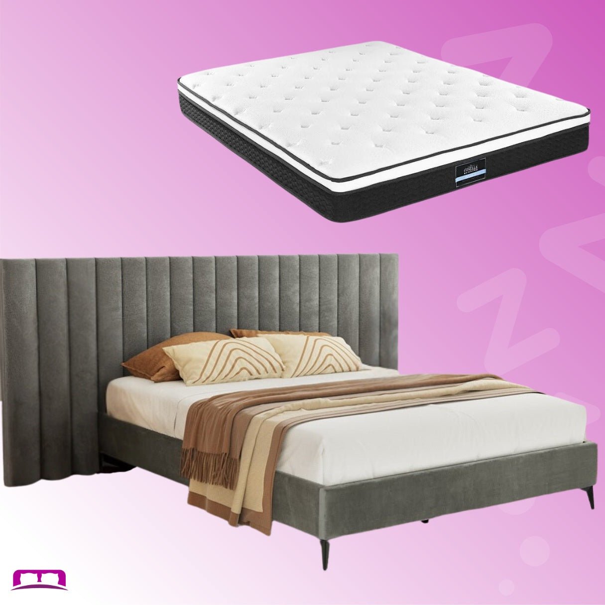 King Size Burnett Bed Frame with Oversized Headboard in Grey & Bonita Euro Top Medium Firm Mattress Set - Perfect for Master Bedrooms, Guest Rooms, and Luxury Apartments