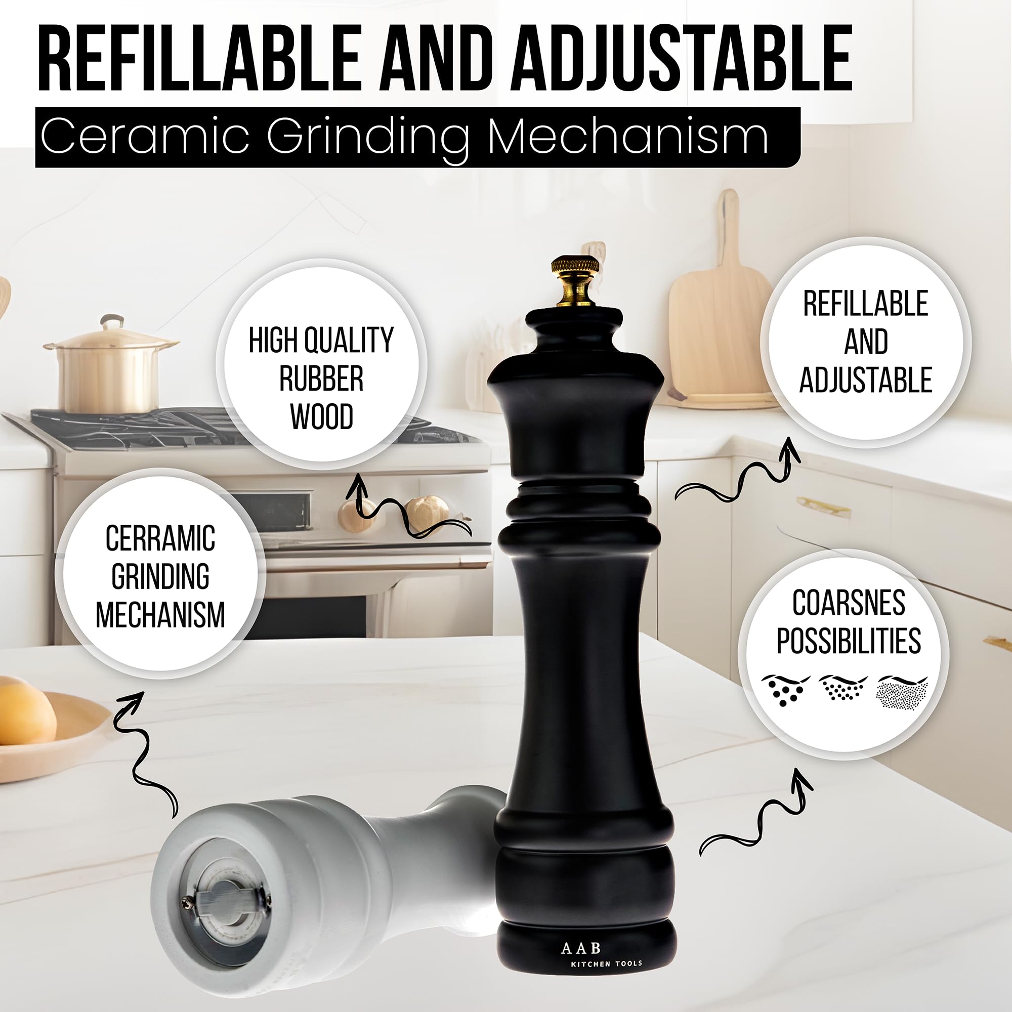 Premium Wooden Salt and Pepper Grinder Set - 8 Inch Adjustable Manual Mill with Ceramic Grinding Core - Refillable Spice Shakers for Kitchen, Dining & Gifting (2-Pack) - Perfect for Home Cooking, Restaurants and Dinner Parties
