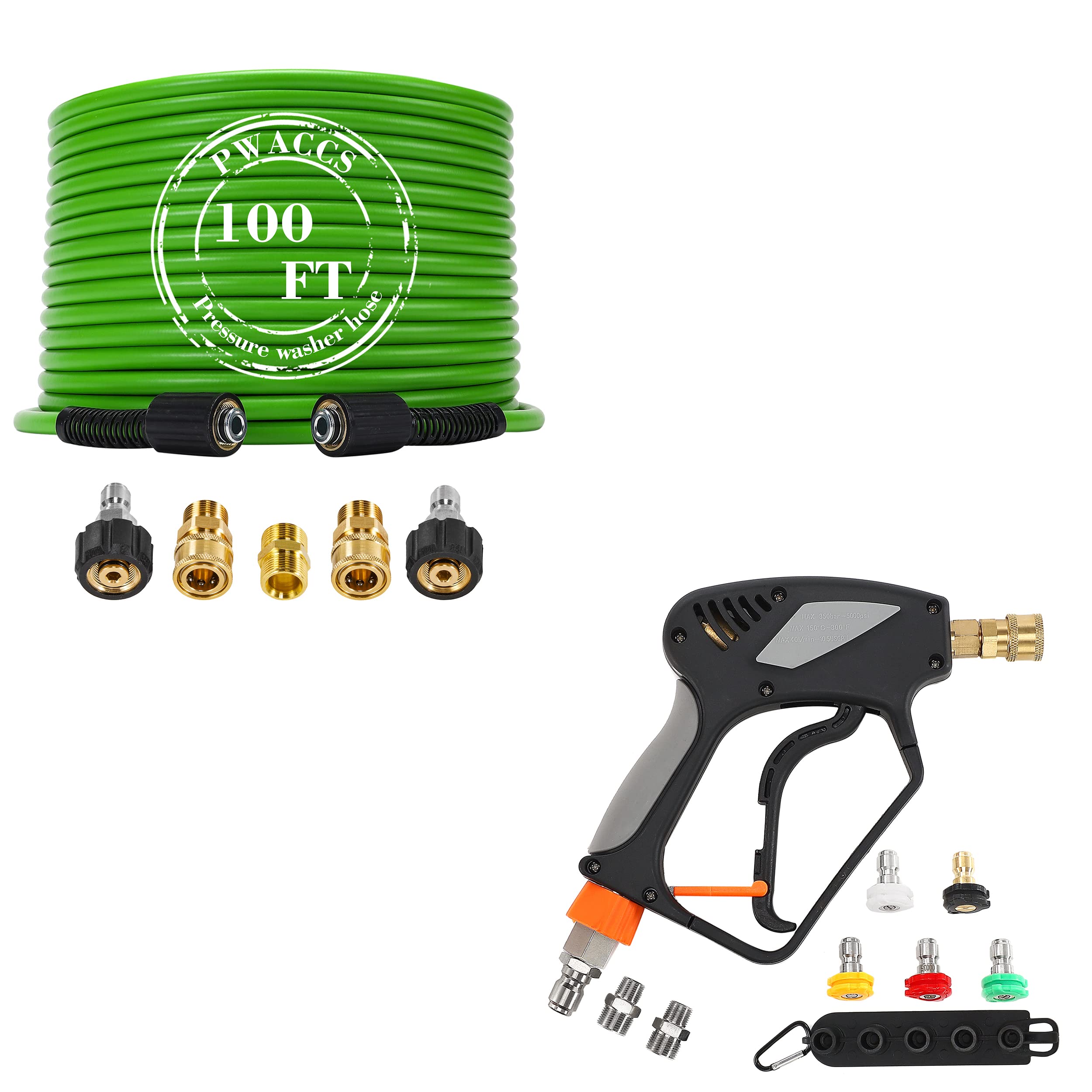 PWACCS 100 FT High Pressure Washer Hose with 5 Quick-Connect Adapters & Swivel Spray Gun - Heavy Duty Power Washer Accessories for Driveway, Deck, and Outdoor Cleaning