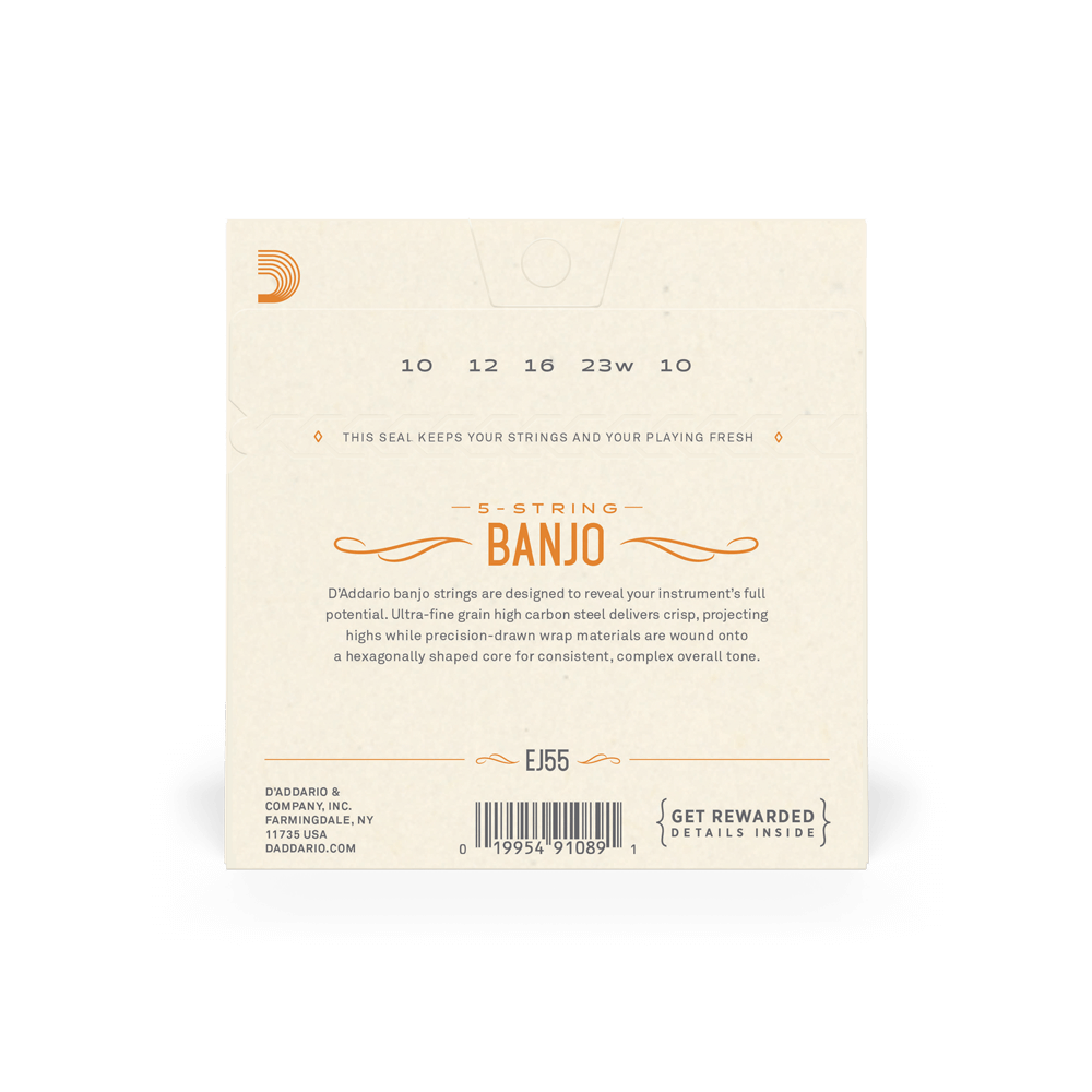 D'Addario EJ55 5-String Banjo Strings - Phosphor Bronze Medium Gauge (10-23) for Bluegrass, Folk & Country Music Performance