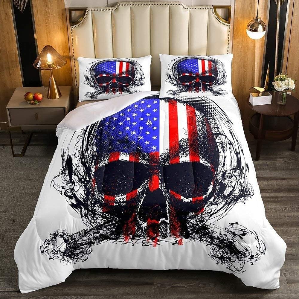 American Flag Skull Comforter Set - Queen Size Duvet Cover with Geometric Stripes & Stars | Retro Bedding for Kids, Boys & Teens | Perfect for Twin, Full, Double, King Beds | Ideal for Teen Bedrooms, Dorm Rooms & Patriotic Home Decor