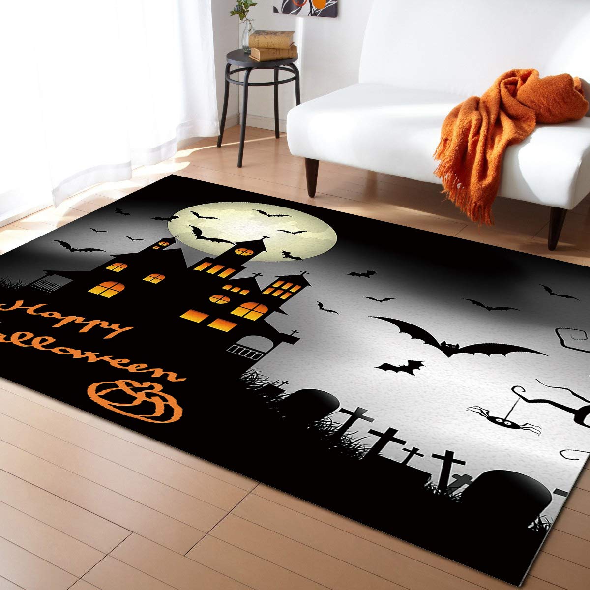 5'x7' Halloween Night Castle Bat Area Rug - Non-Slip Washable Indoor/Outdoor Carpet for Living Room, Bedroom, Nursery, Office, Kitchen & Patio - Perfect for Spooky Decor, Themed Parties and Seasonal Home Styling