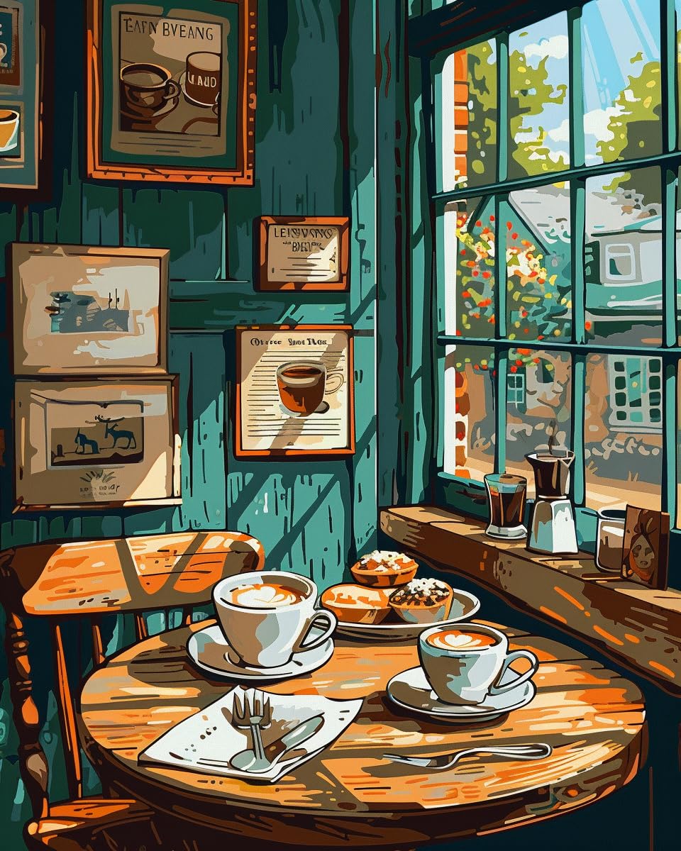 Shinefly Paint by Numbers Kit for Adults & Beginners - 16x20 Inch Acrylic Painting on Canvas with Cafe Day Design - Perfect for Home Decor, Stress Relief & Family Art Projects