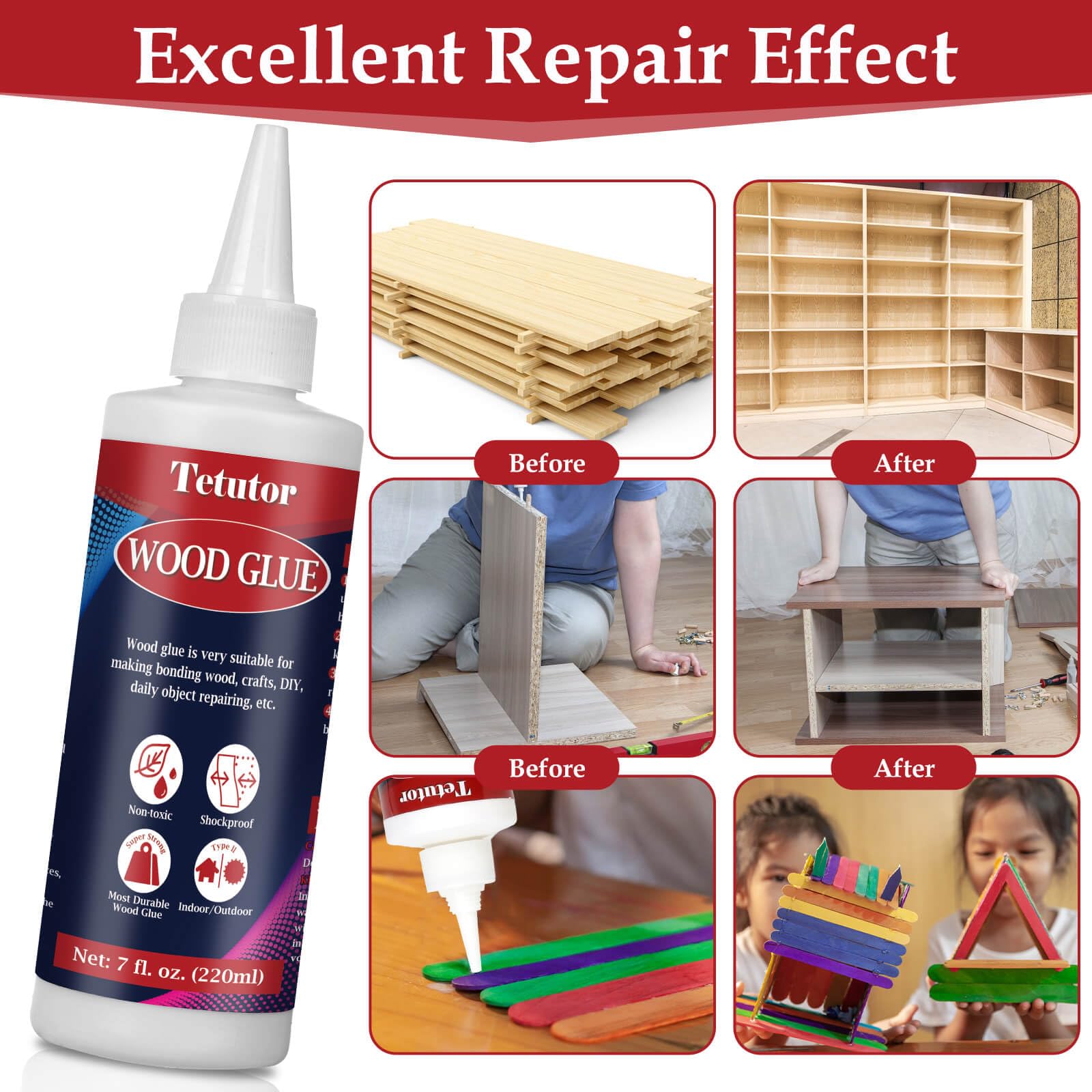 220ml Heavy Duty Wood Glue for Furniture Repair & Woodworking - Waterproof Clear Adhesive with Brush & Spatula Included - Strong Bond for Crafts, DIY Projects, and Home Improvement