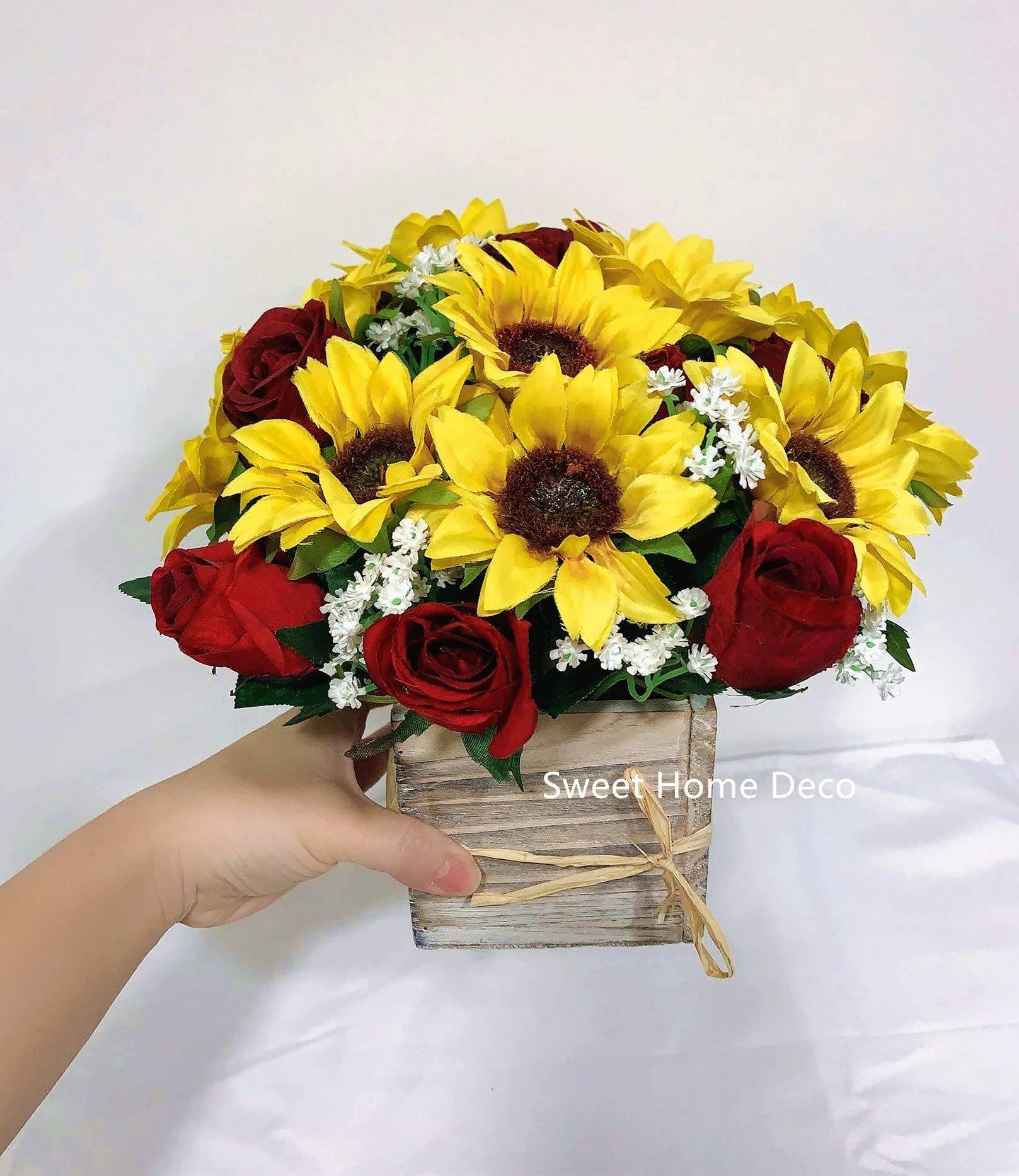 Silk Sunflower Rose Baby's Breath Wedding Bouquet - Bridal & Bridesmaid Bouquets, Boutonnieres in Yellow & Red - Perfect for Weddings, Bridal Showers & Home Decor