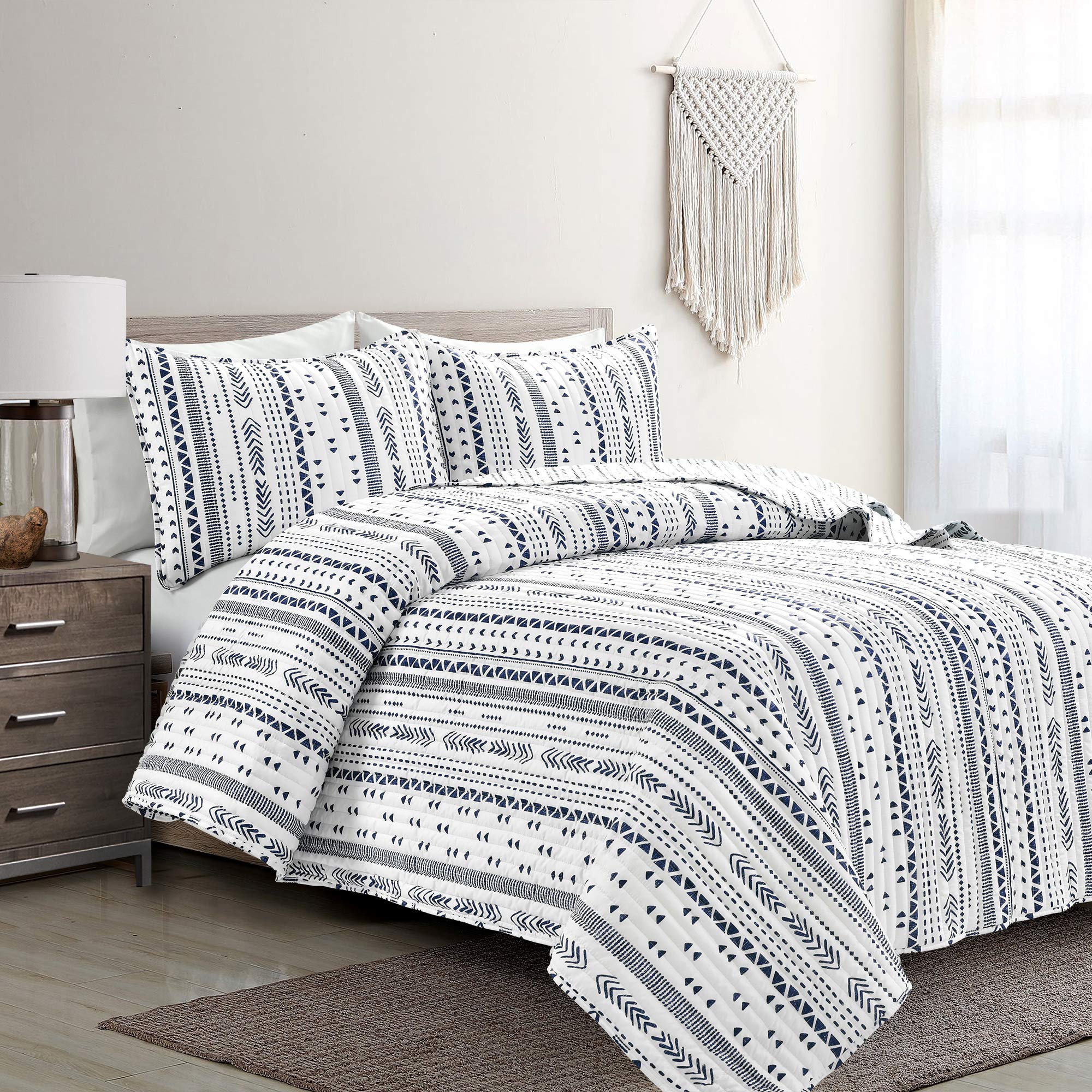 Lush Decor Navy White Hygge Stripe 3-Piece Quilt Set Full/Queen Size - Cozy Bedding for Modern Bedrooms & Guest Rooms