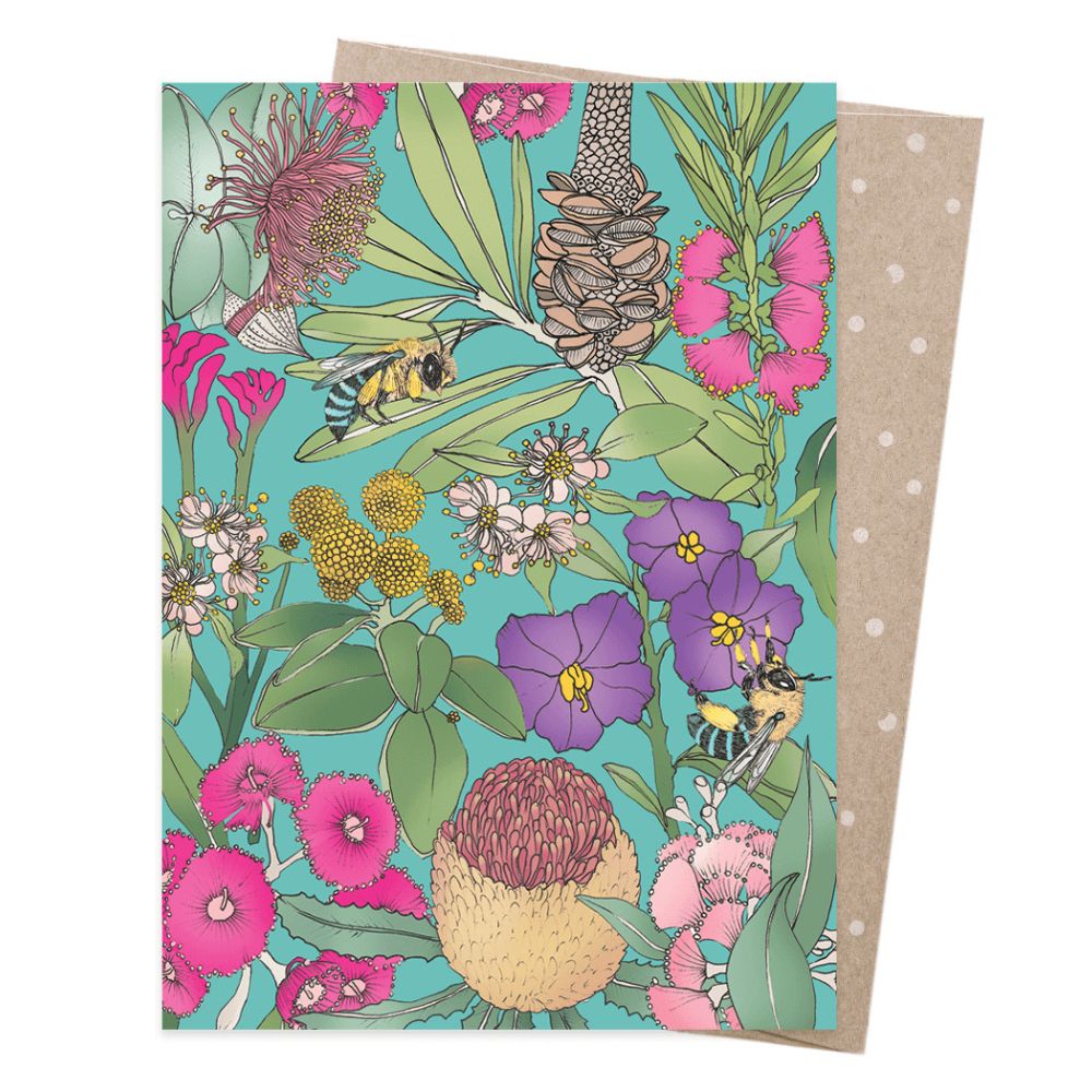 Earth Greetings Card with Blue Banded Bees & Wildflowers - Eco-Friendly Stationery for Birthdays, Thank You Notes & Special Occasions