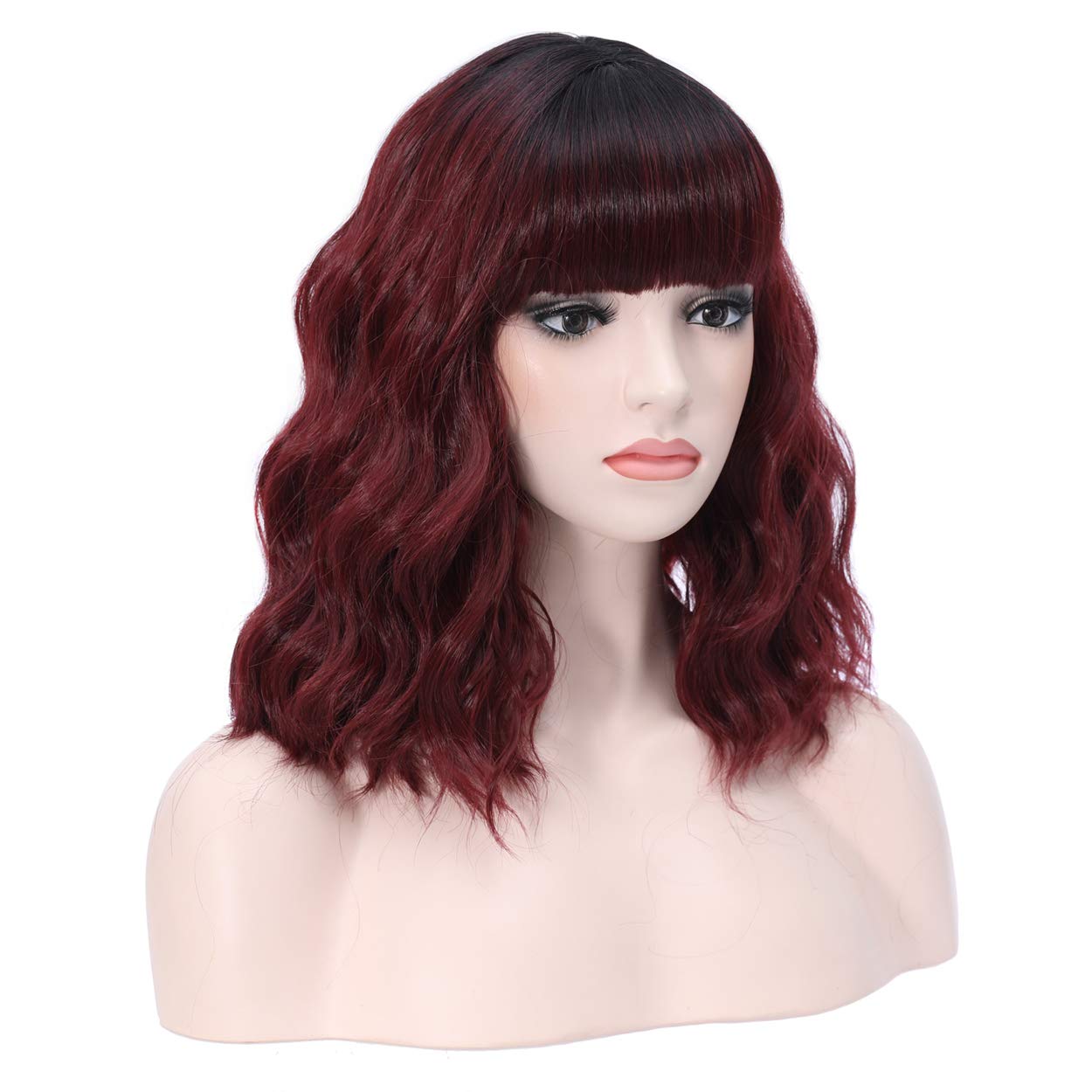 incohair 14 Inch Black to Wine Red Ombre Short Curly Bob Wig - 2 Tone Synthetic Hair for Cosplay, Parties & Daily Wear (Wig Cap Included) | Perfect for Halloween, Costume Events & Themed Parties