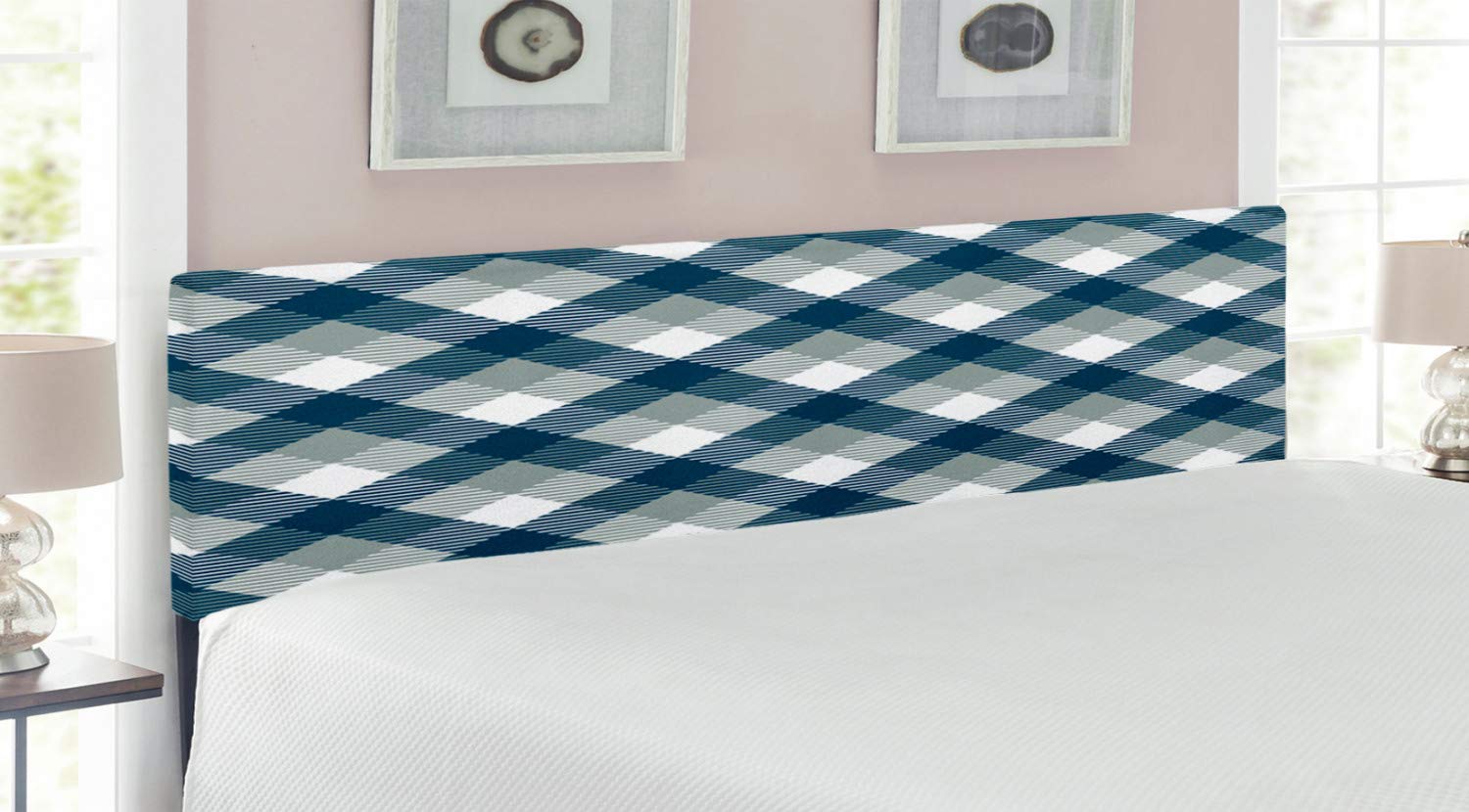 Ambesonne King Size Upholstered Metal Headboard - Navy Blue Tartan Geometric Design with Memory Foam Padding | Scottish Inspired Checkered Pattern | Dimgrey White Dark Blue | Perfect for Modern Bedroom Decor & Guest Room Upgrade