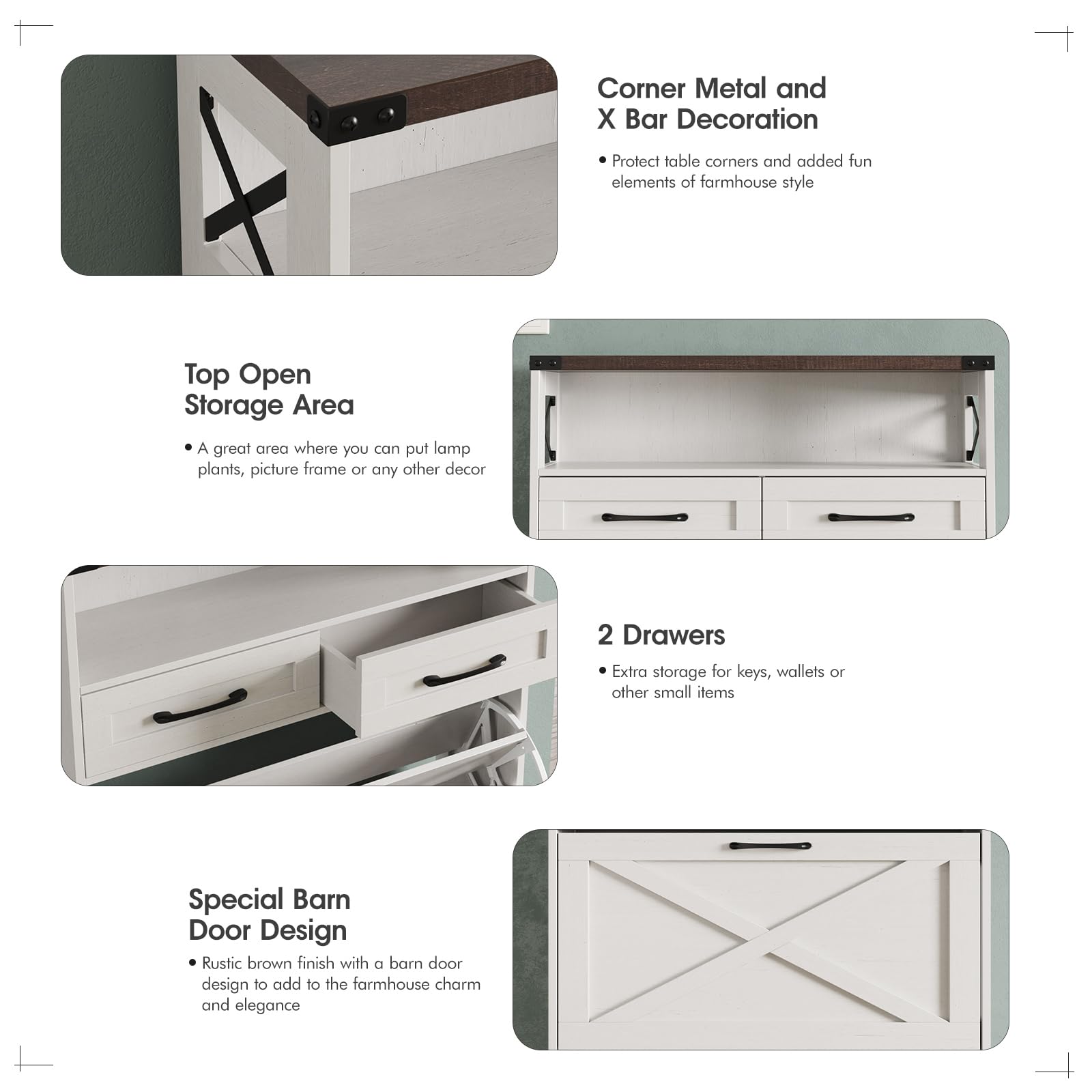 Maupvit Farmhouse Shoe Storage Cabinet - 2 Flip Drawers & 2 Drawers with Doors and Shelves - Entryway Shoe Organizer for Front Door - Narrow Shoe Rack for Small Spaces - Perfect for Hallway, Closet or Mudroom Organization - White