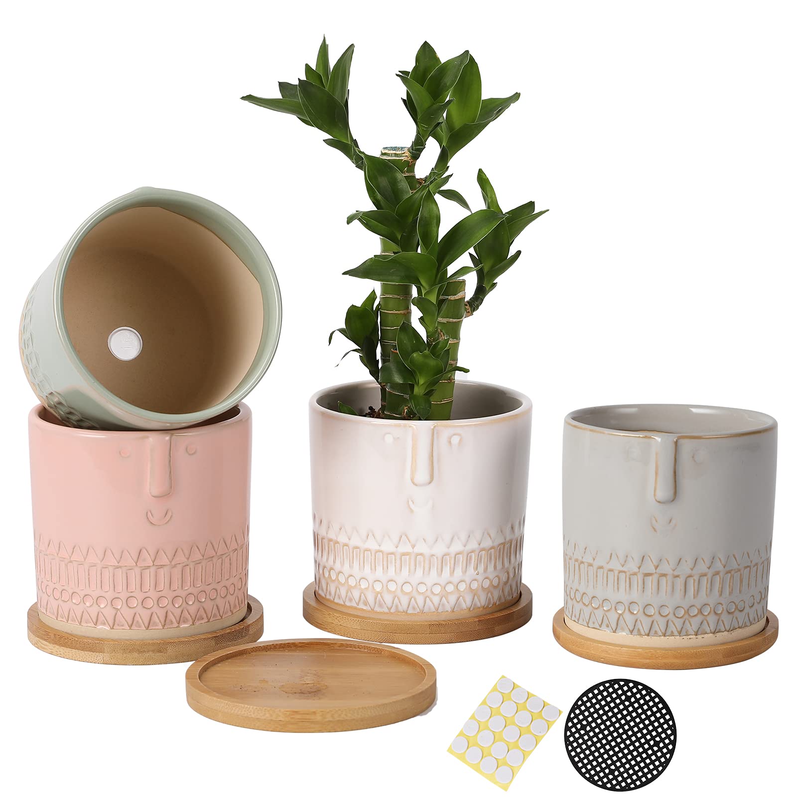 4 Inch Ceramic Plant Pots with Bamboo Saucers - Colorful Face Design Flower Pots with Drainage Holes & Mesh Pads for Succulents, Snake Plants, Herbs - Indoor/Outdoor Decor (Set of 4) - Perfect for Home, Office, Balcony and Garden Decorations