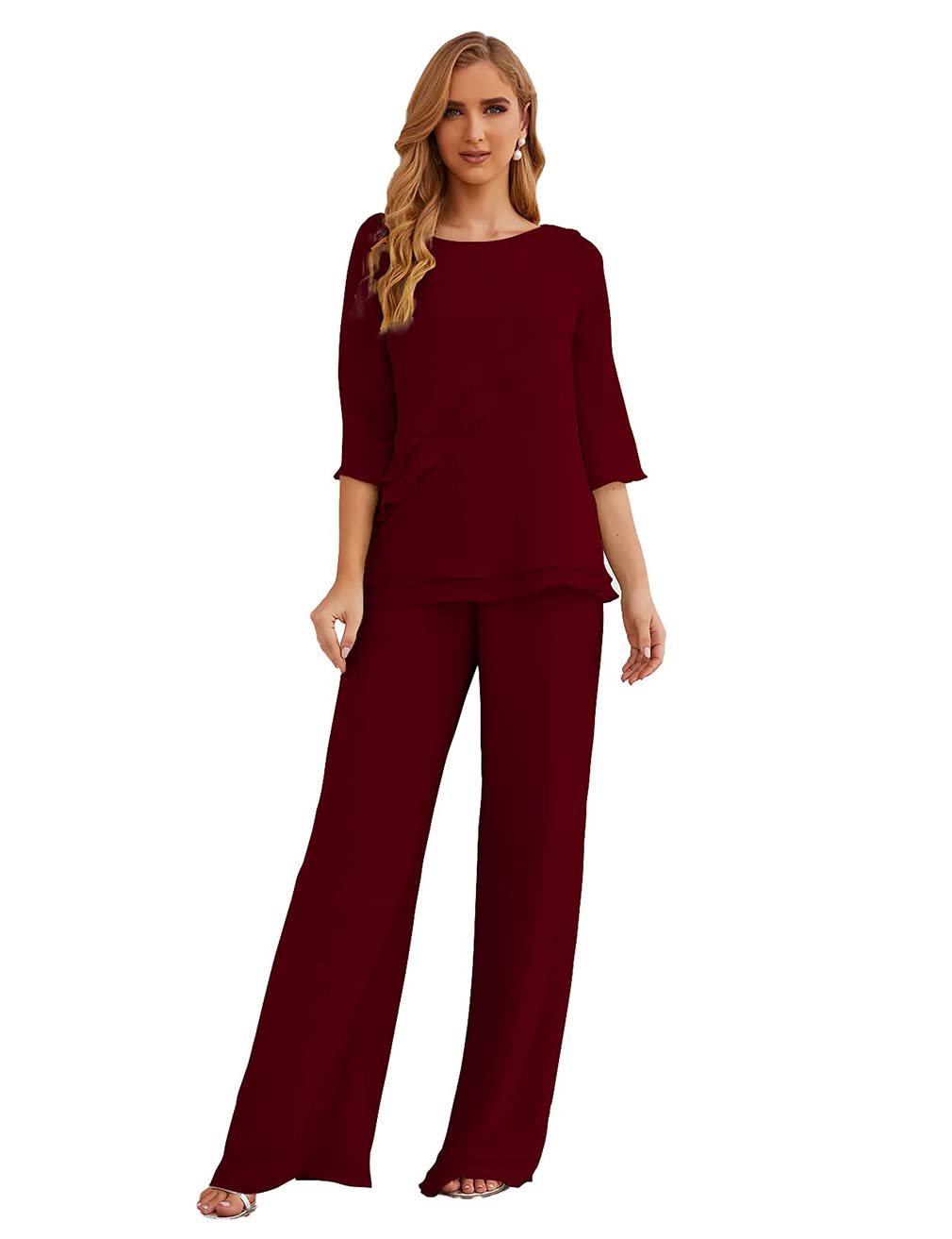 Elegant Women's 2-Piece Chiffon Half Sleeve Pant Suit Set for Wedding Guest, Mother of The Bride - Perfect for Formal Events, Bridal Showers & Special Occasions