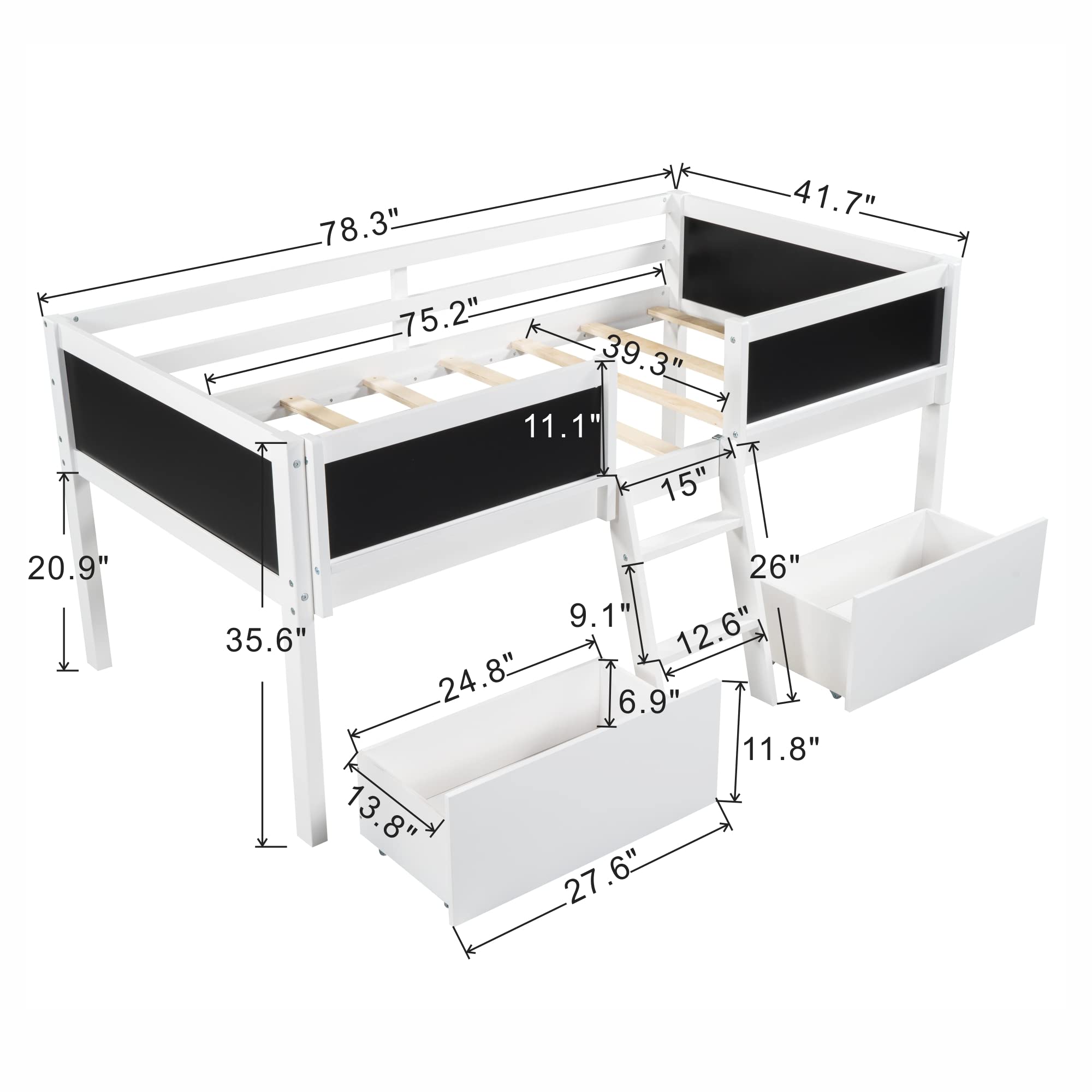 **White Twin Loft Bed with Two Movable Drawers & Ladder - Wooden Low Loft Bed for Kids with Decorative Guardrail & Chalkboard - Perfect for Boys & Girls Bedroom, Small Spaces & Play Areas**
