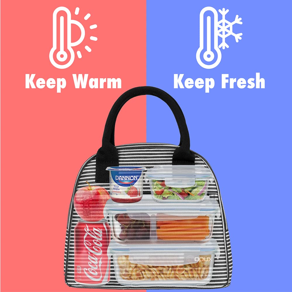 OPUX Insulated Lunch Box for Women, Girls, Kids & Teens - Soft Thermal Lunch Bag Tote for Work, School & Travel - Reusable Food Cooler Container for Meal Prep, Beach & Outdoor Activities - Black & White Stripes