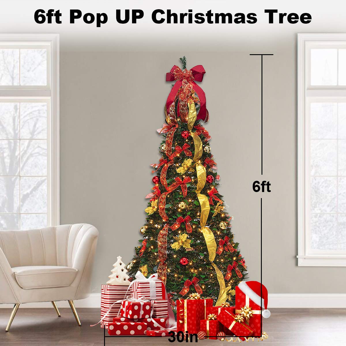6FT Pre-Lit Pull Up Artificial Christmas Tree with LED Lights, Decorations & Remote - Red, Gold Ornaments, Bows & Ribbons | Perfect for Home, Office & Holiday Party Decor