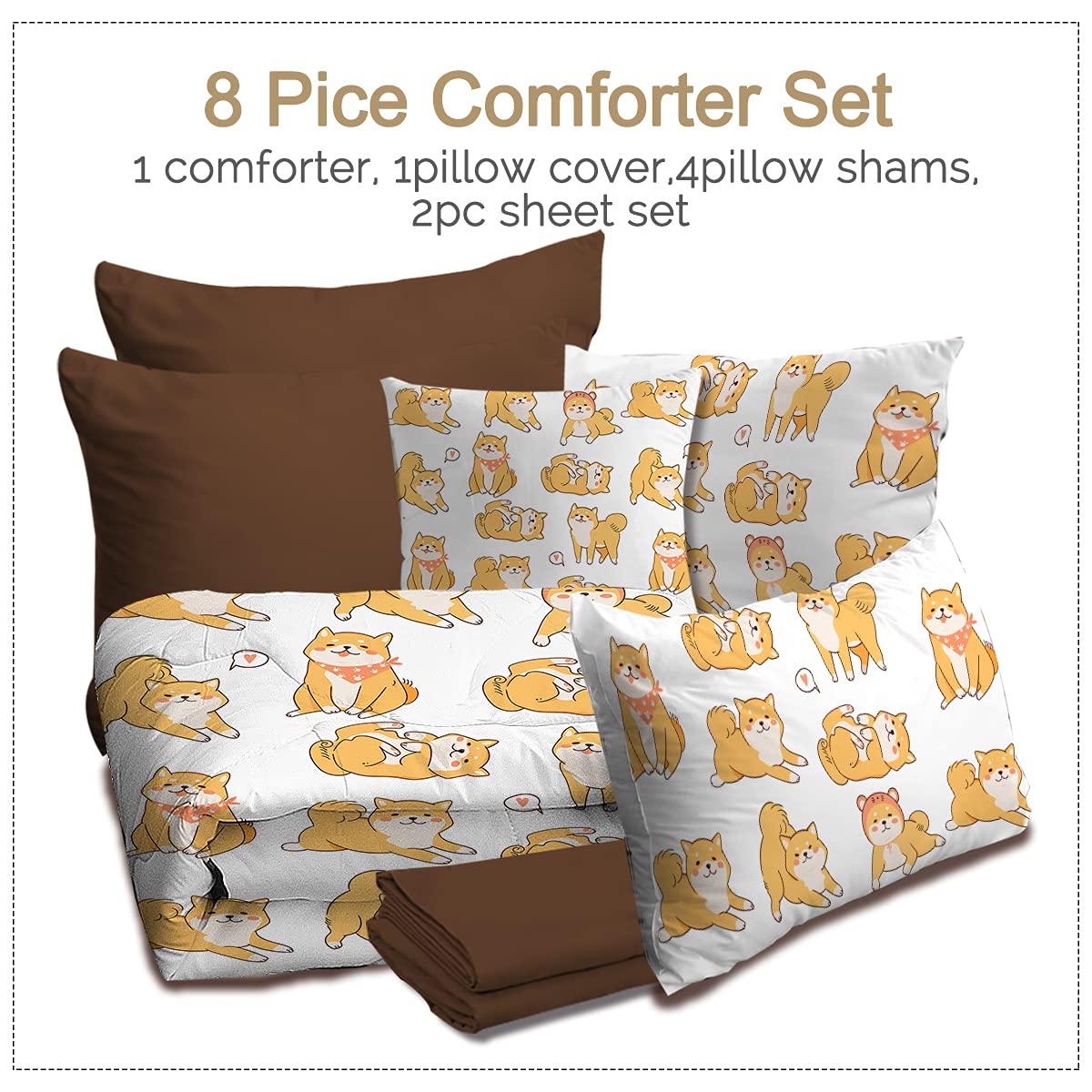 **BlessLiving Shiba Inu Dog Comforter Set King 8-Piece Bedding Set - Cartoon Puppy Kids Bedroom Decor (1 Comforter, 2 Pillow Shams, 1 Flat Sheet, 1 Fitted Sheet, 1 Cushion Cover, 2 Pillowcases) - Perfect for Kids' Rooms, Dormitories & Themed Bedrooms**