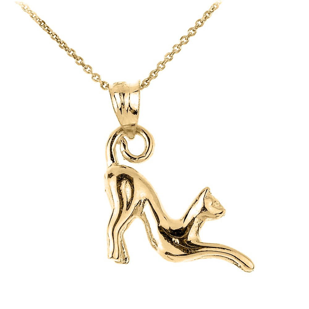 10k Solid Yellow Gold Cat Charm Pendant Necklace - Stretching Kitty Jewelry for Women, Perfect Gift for Cat Lovers & Everyday Wear