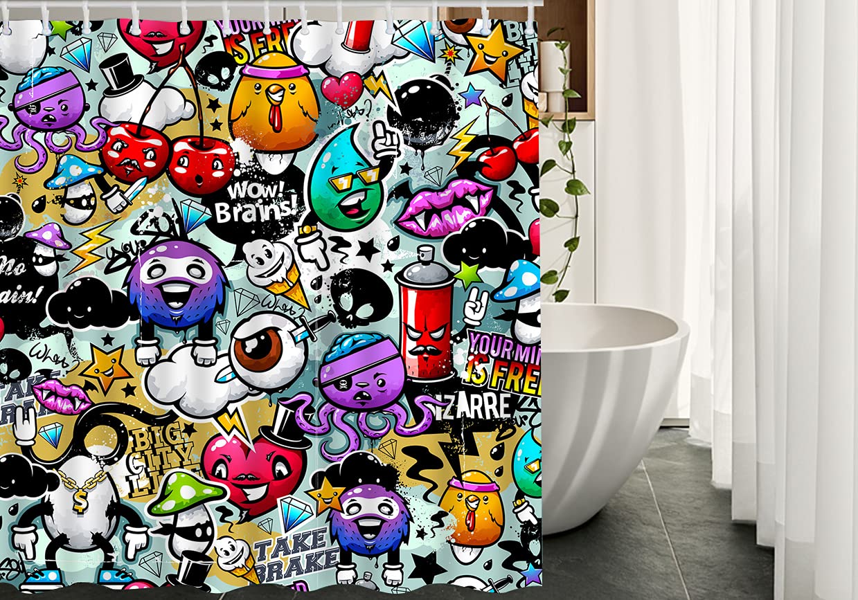 WONDERTIFY Graffiti Shower Curtain - Waterproof Bathroom Decor with Unique Bizarre Elements & Characters - 72x84 Inch for Modern Home & Apartment - Perfect for Teens, Artists & Urban Style Bathrooms