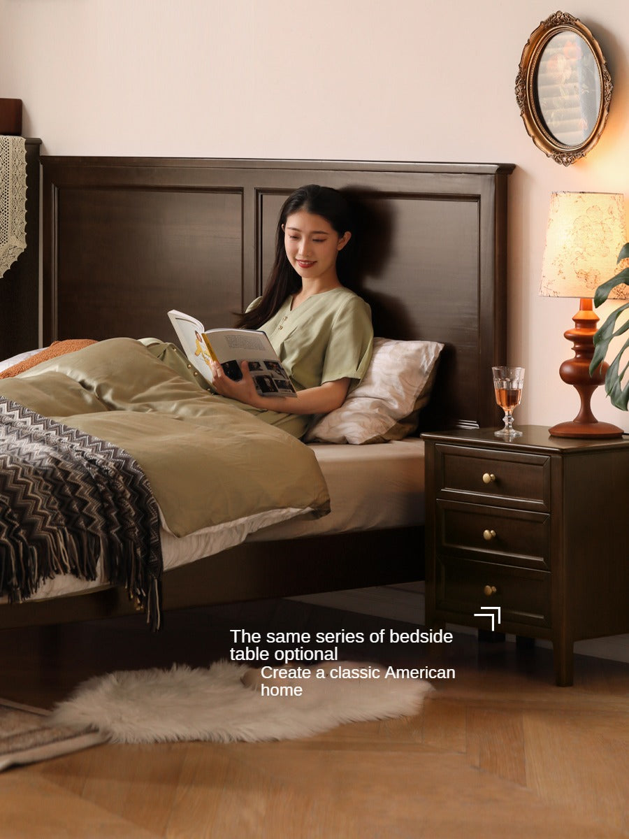 Solid Poplar Wood Bed - Modern American Retro High Back Bed Frame for Bedroom, Guest Room & Master Suite