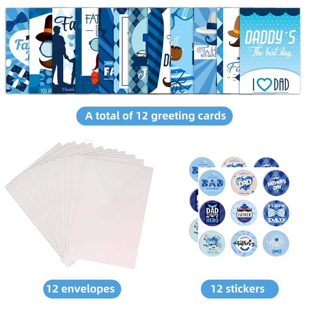 12-Piece Father's Day Card Set - Greeting Cards with Envelopes & Stickers - Perfect Gift from Son, Daughter, Husband, Wife or Kids - Ideal for Office, Home Decor & Special Occasions