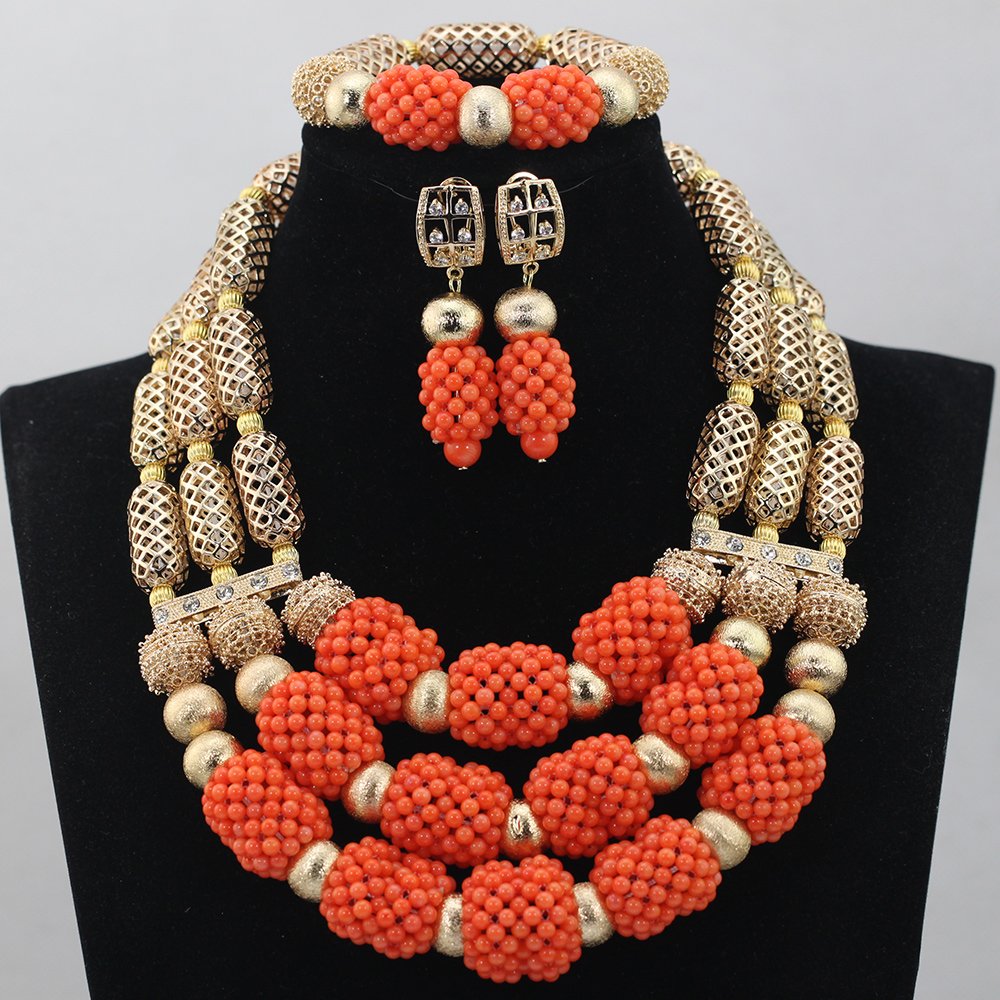 Red Beads Statement Necklace Set for Women | African Nigerian Wedding Jewelry | Dubai Gold Beaded Necklace for Bridal, Party & Special Occasions