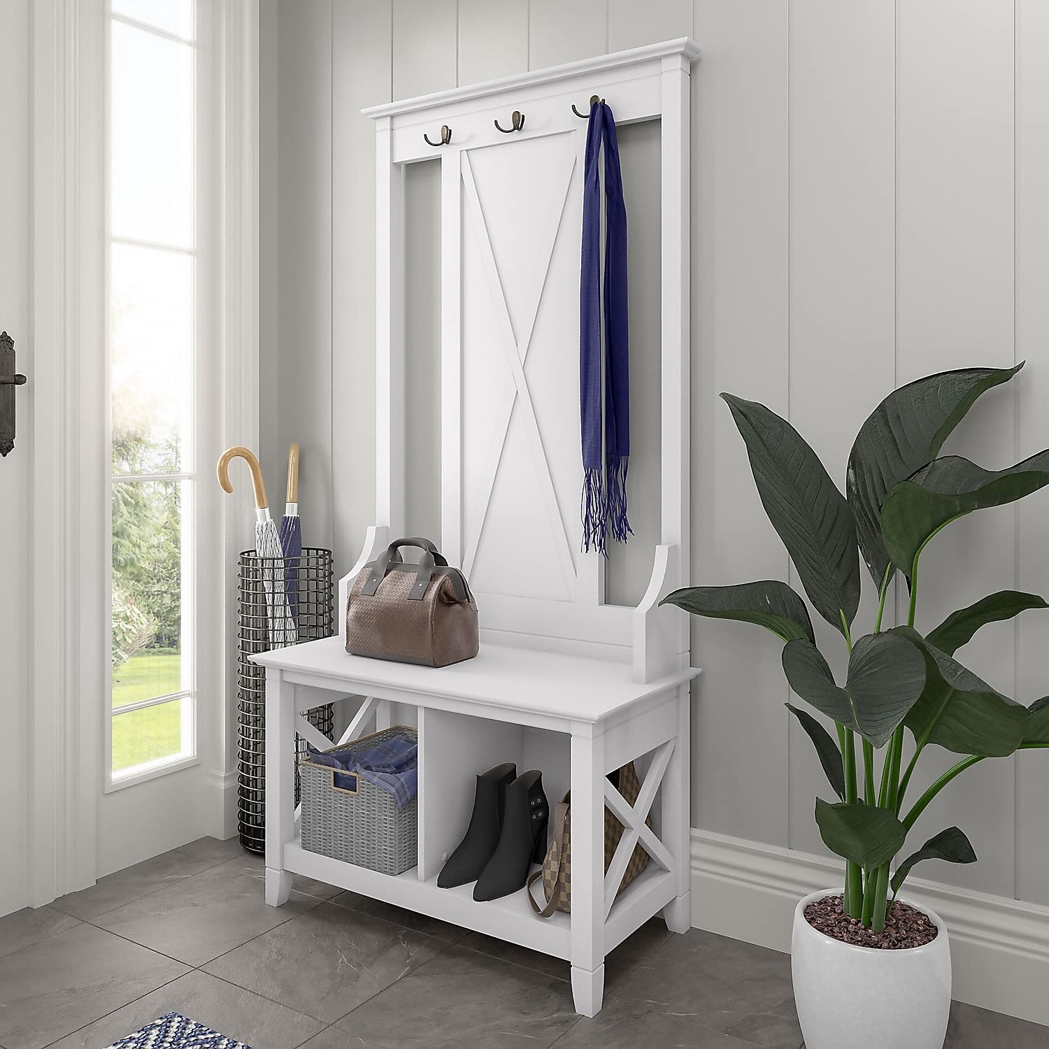 Bush Furniture Key West Hall Tree with Shoe Storage Bench - Pure White Oak Entryway Organizer for Coats, Shoes & Accessories | Perfect for Mudrooms & Small Spaces