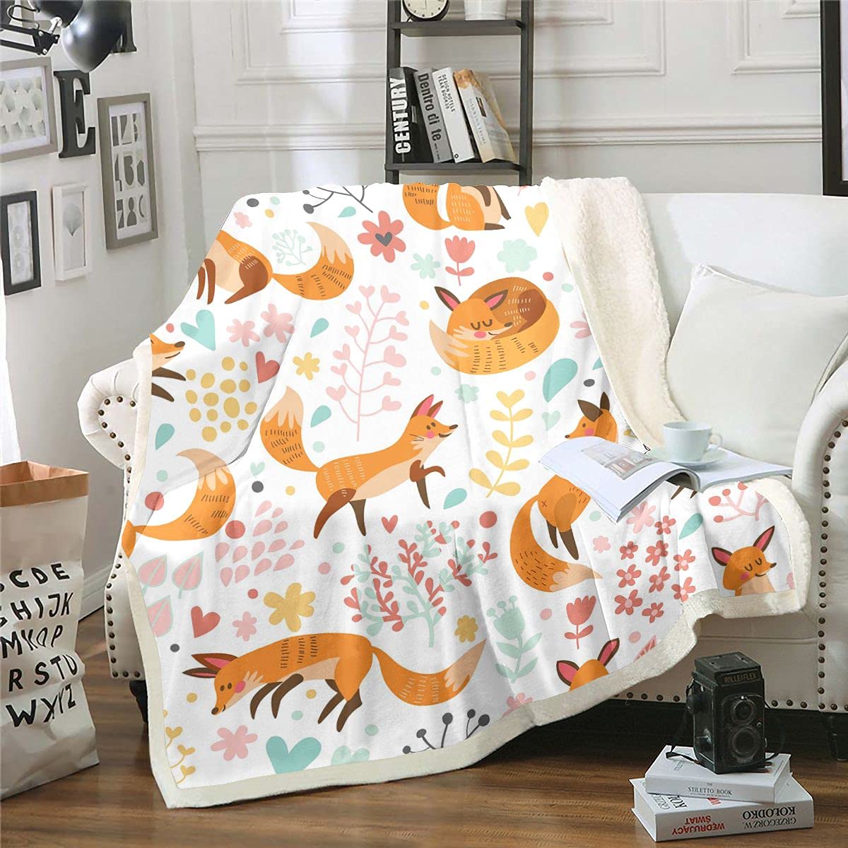 Soft 3D Fox Print Sherpa Fleece Throw Blanket for Kids & Adults - Cozy Plush Animal Theme Blanket with Botanical Floral Design, 90x90 Inch Queen Size for Bed, Sofa, Couch & Room Decor - Perfect for Winter Nights, Movie Time & Gift Giving
