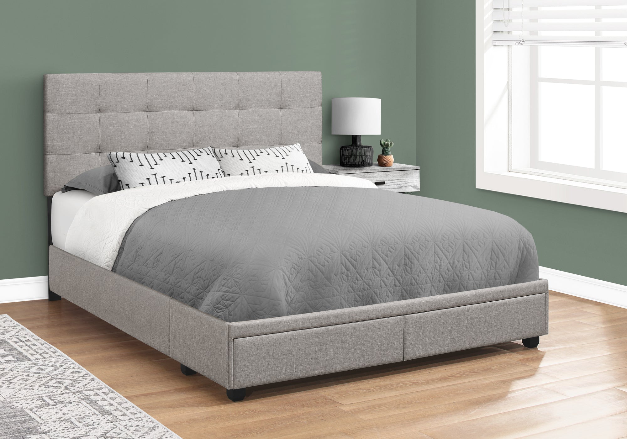 Queen Size Grey Linen Bed Frame with 2 Storage Drawers - Modern Platform Bed with Underbed Storage for Small Spaces & Bedroom Organization