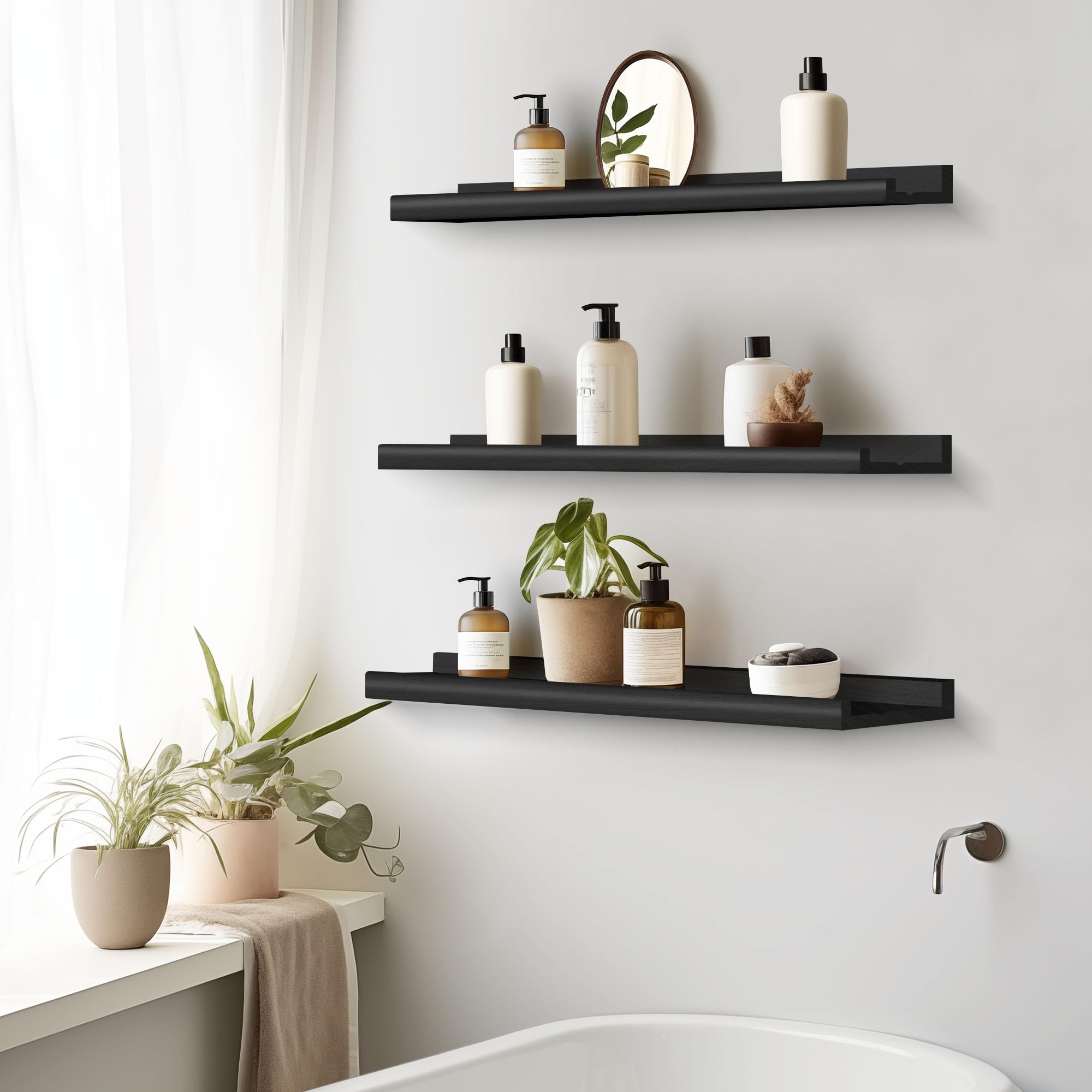 Annecy Floating Shelves Set of 3 - 23.6 Inch Black Rustic Wood Wall Shelves with Guardrail | Storage Shelves for Bedroom, Bathroom, Kitchen & Office | 3 Different Sizes | Perfect for Home Decor, Organizing & Displaying Photos/Books/Plants