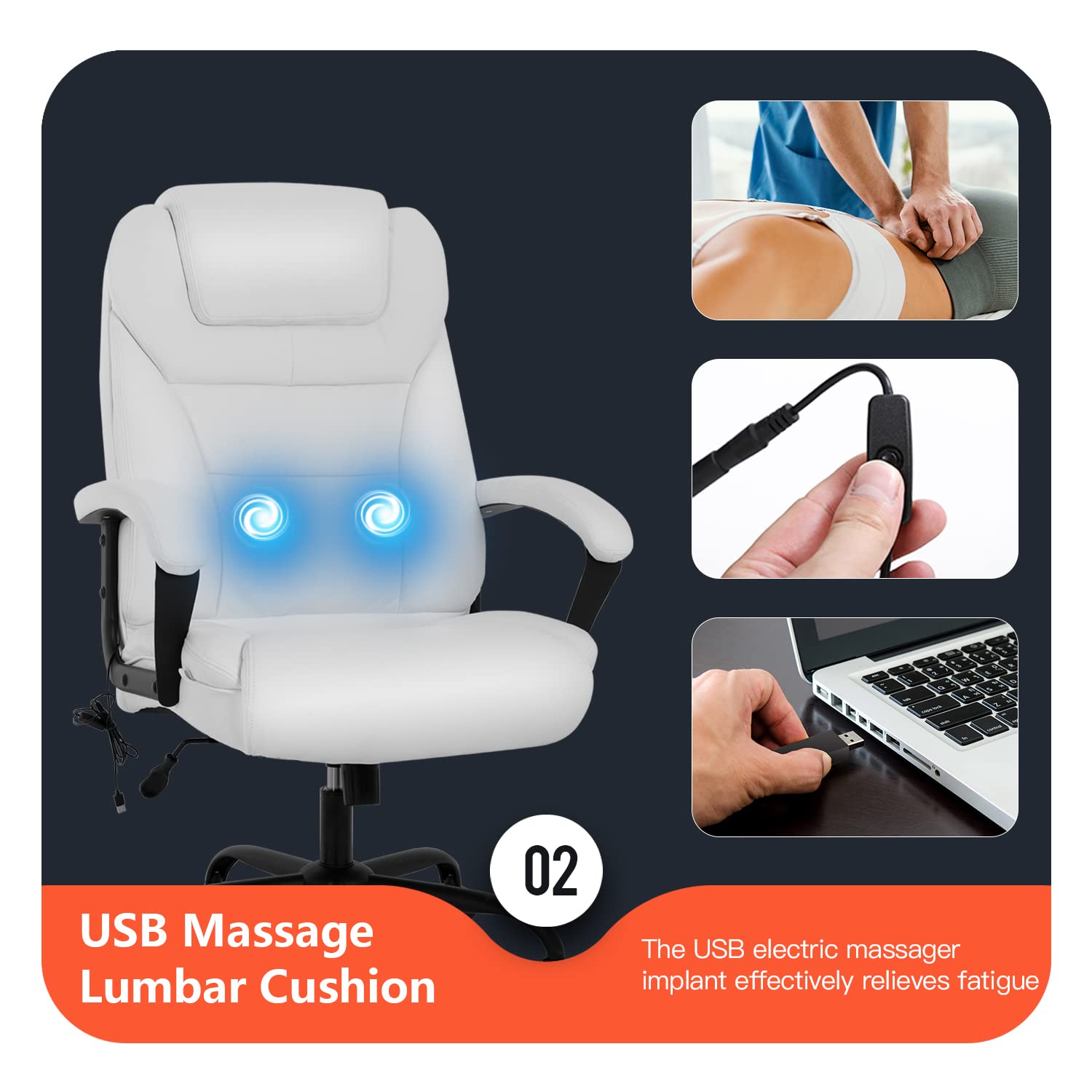 Premium Big and Tall Office Chair 500lbs Weight Capacity - Ergonomic High Back Executive Desk Chair with Lumbar Support & PU Leather Wide Seat - Perfect for Home Office, Gaming & Workspaces (White)