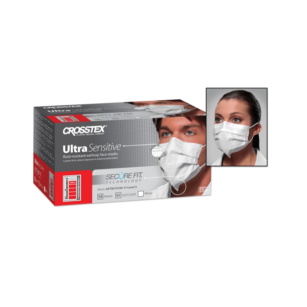 Crosstex Securefit Ultra Sensitive Earloop Face Mask - 1 Pack (50 Count) White - Comfortable & Breathable for Daily Use, Work, School & Travel - ASTM Level 1 Protection