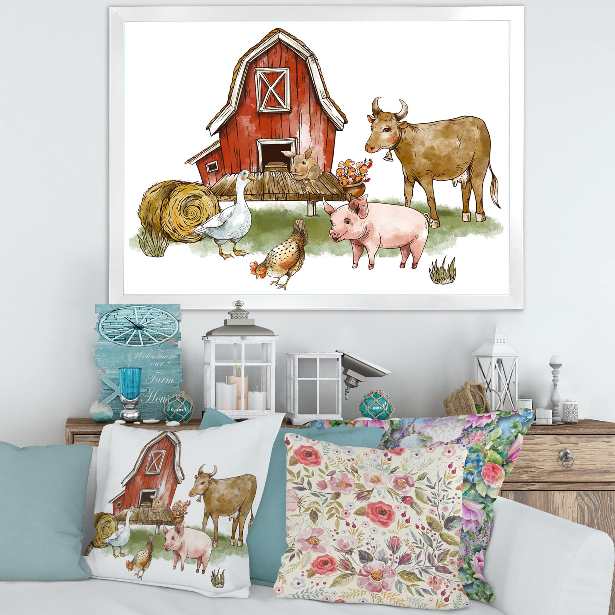 Farmhouse Rustic Framed Wall Art with Goose, Chicken, Cow & Pig - Country Kitchen Decor for Home, Office or Cabin