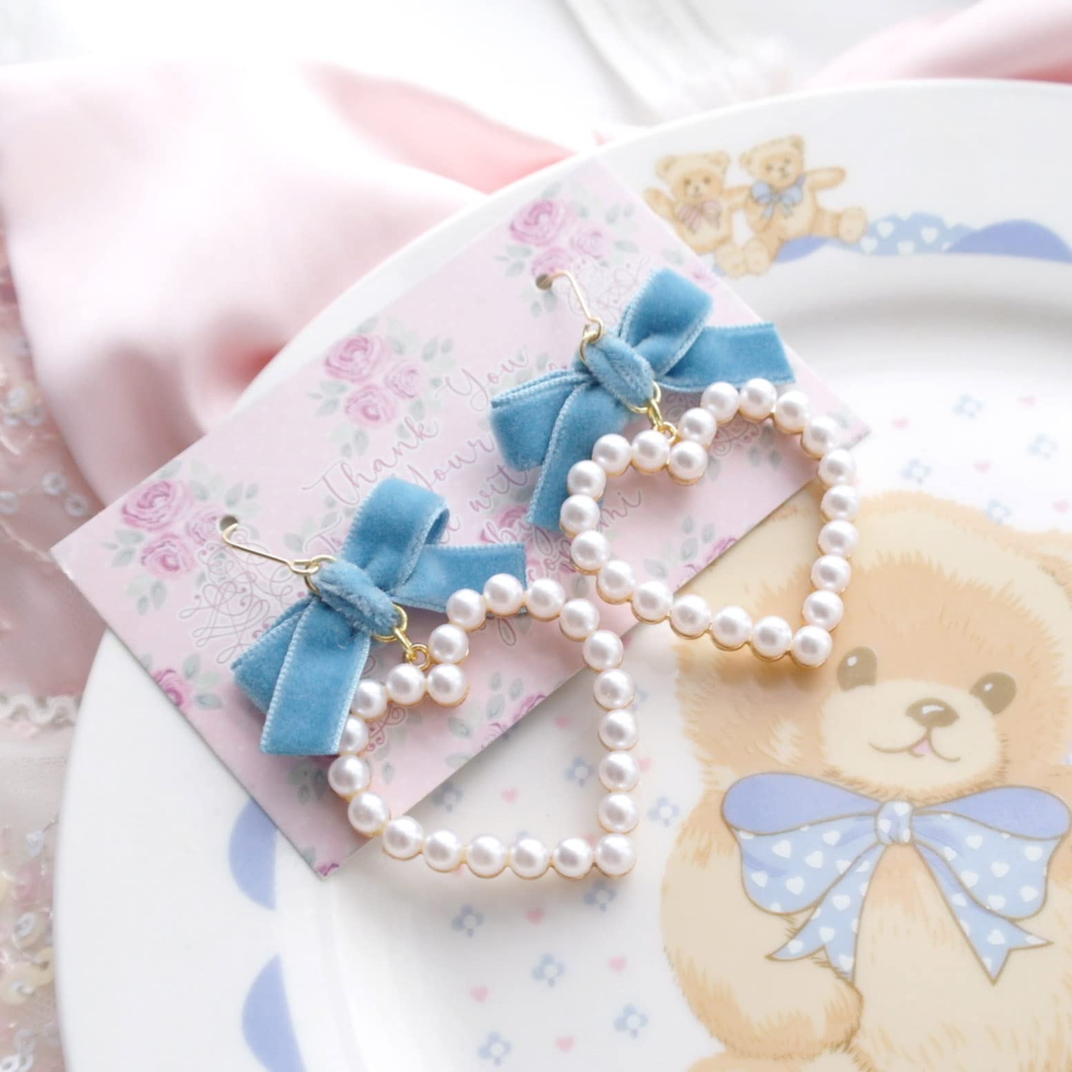 Blue Velvet Bow Pearl Heart Earrings - Dangle & Clip On Romantic Angelic Jewelry for Women | Perfect for Valentine's Day, Weddings & Date Nights