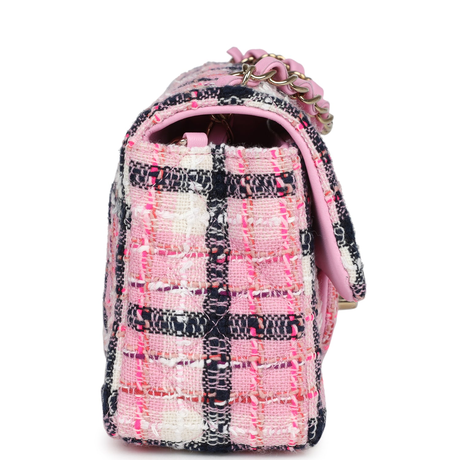 Chanel Mini Rectangular Flap Bag in Pink, White & Black Tweed with Light Gold Hardware - Perfect for Evening Events, Weddings & Luxury Fashion Accessories