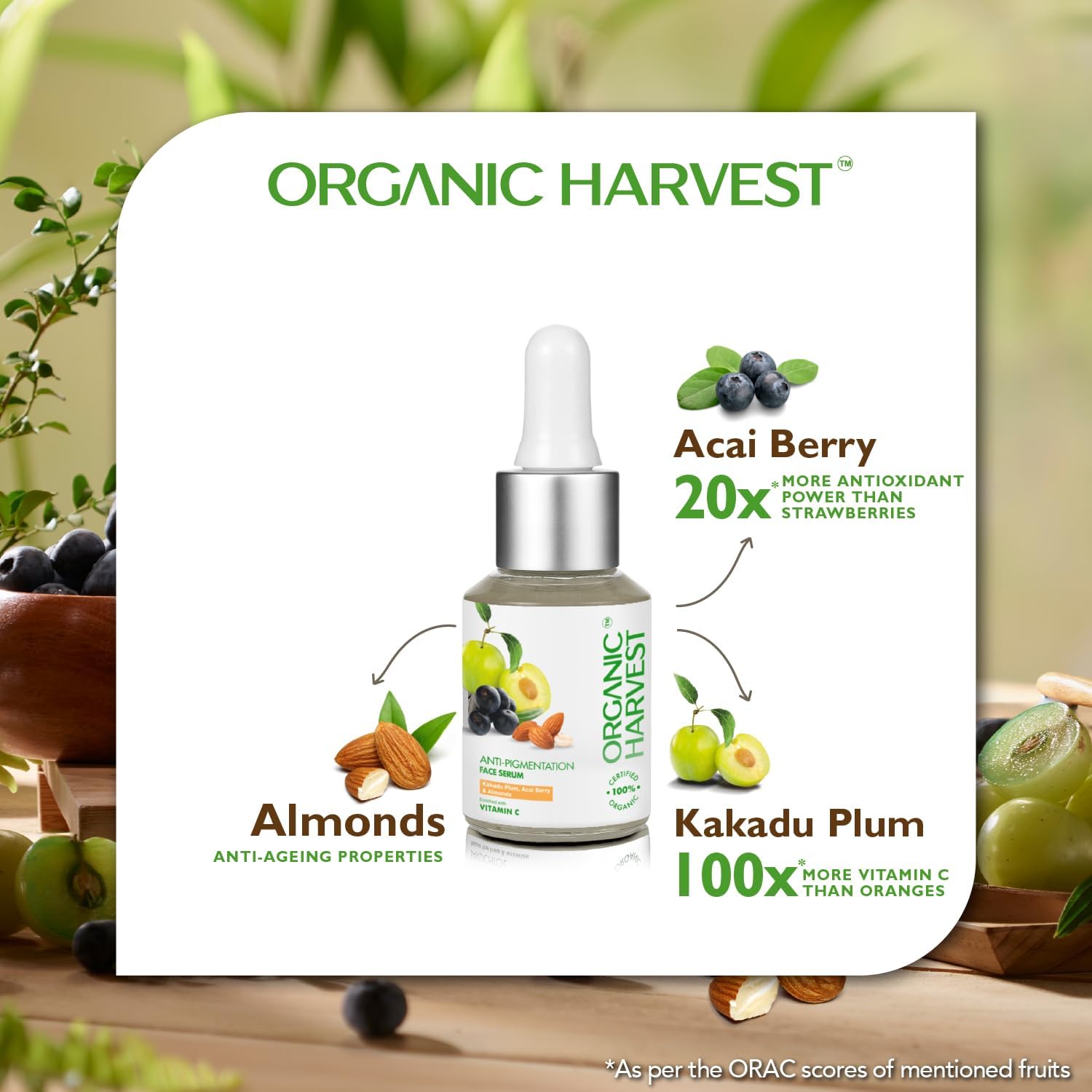 Organic Harvest Anti-Pigmentation Face Serum with Kakadu Plum, Acai Berry & Almonds | Brightens Skin, Reduces Blemishes & Wrinkles | 100% USDA Certified Organic, Paraben & Sulfate Free (30ml) | Perfect for Daily Skincare Routine & Nighttime Treatment