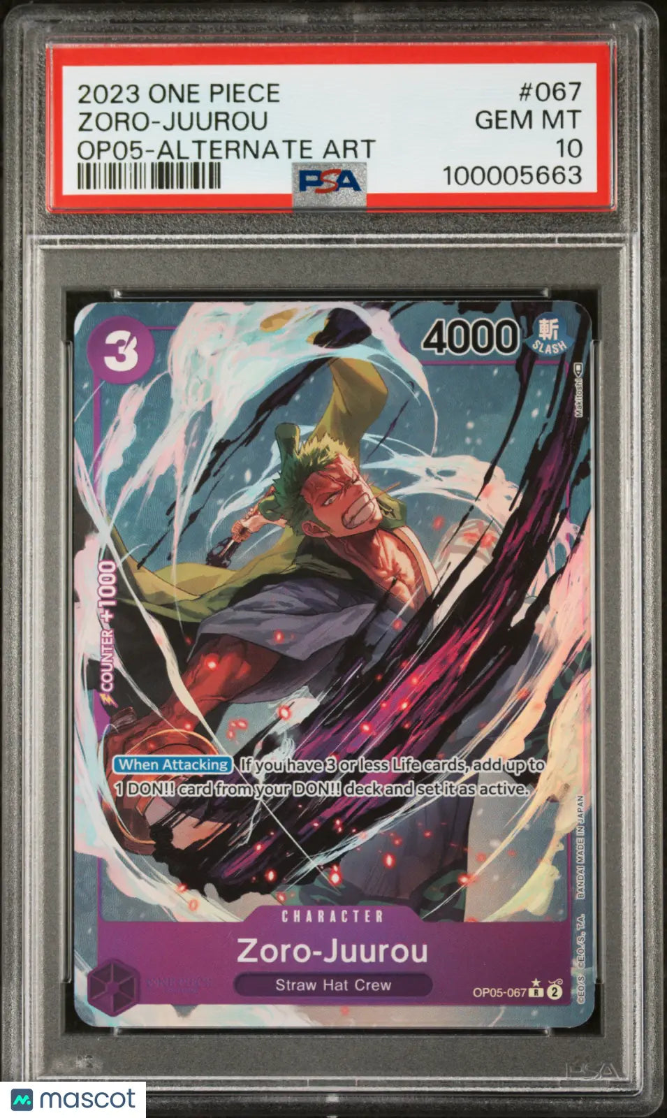 2023 One Piece CCG Zoro Juurou #067 OP05 Alternate Art PSA 10 Graded Card - Rare Collectible for Anime Fans & TCG Players | Perfect for Display, Gaming & Investment