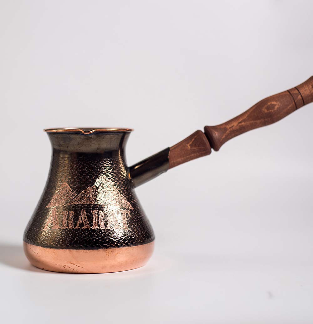 Handmade Armenian Copper Coffee Pot - Traditional Cezve Ibrik with Wooden Handle, Jazzve, Turka, Personalized Ararat Emblem | Perfect for Turkish, Armenian & Middle Eastern Coffee Brewing at Home