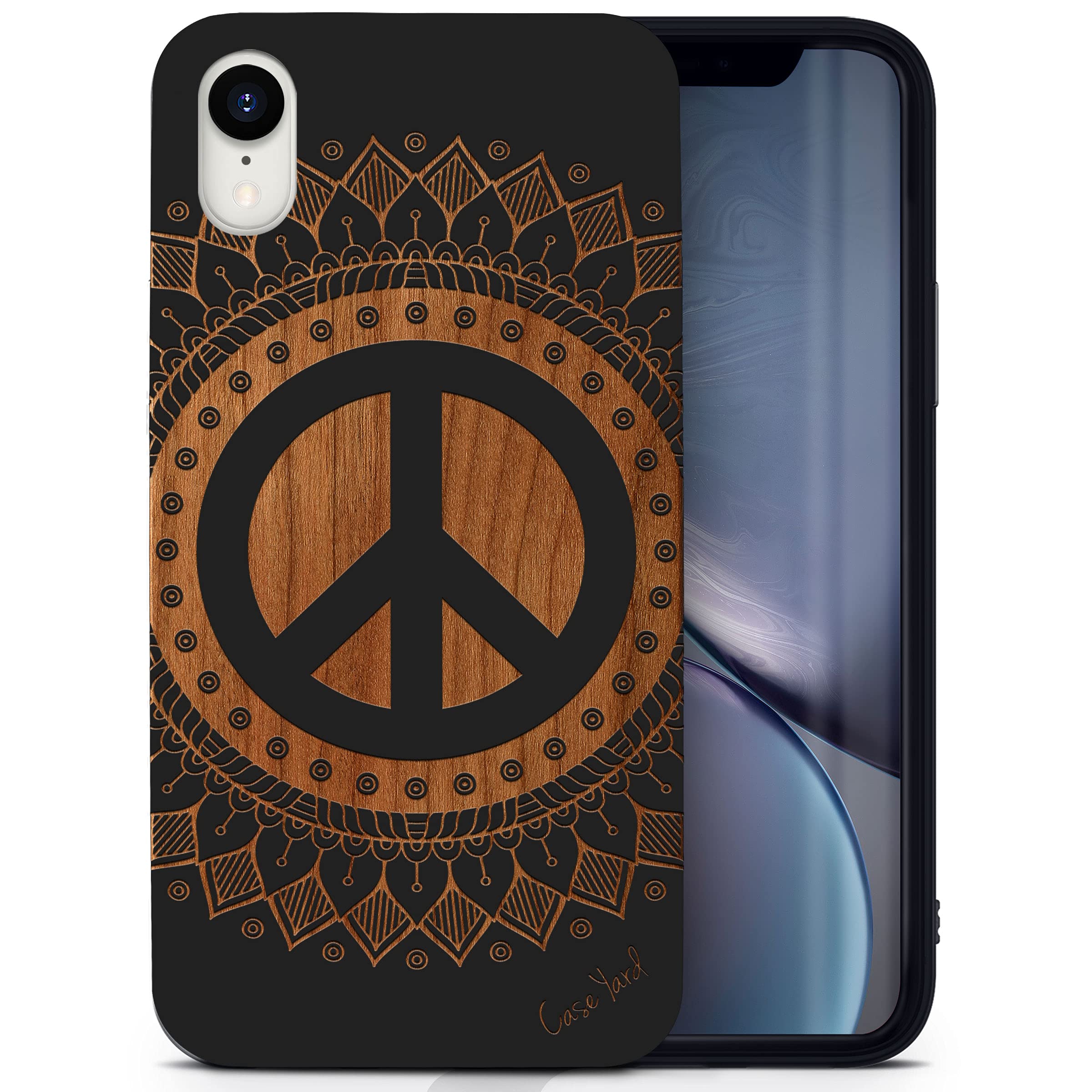 Wooden iPhone XR Case - Laser Engraved Peace Mandala Design, Black Wood Protective Cover | Slim Fit Shockproof Phone Case for Men & Women | Perfect for Yoga, Meditation & Nature Lovers