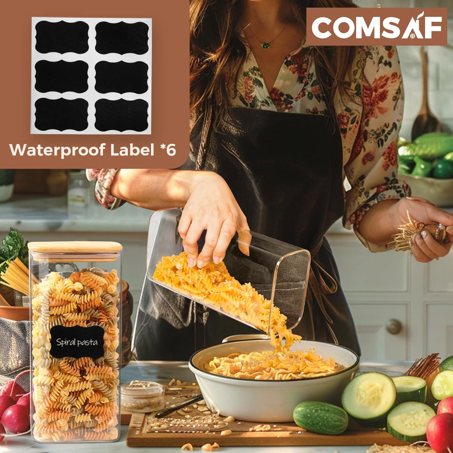 ComSaf 63oz Rectangle Glass Food Storage Containers with Bamboo Lids - Set of 3 Airtight Pantry Organizers for Flour, Pasta, Coffee Beans - Perfect for Kitchen, Baking & Meal Prep Organization