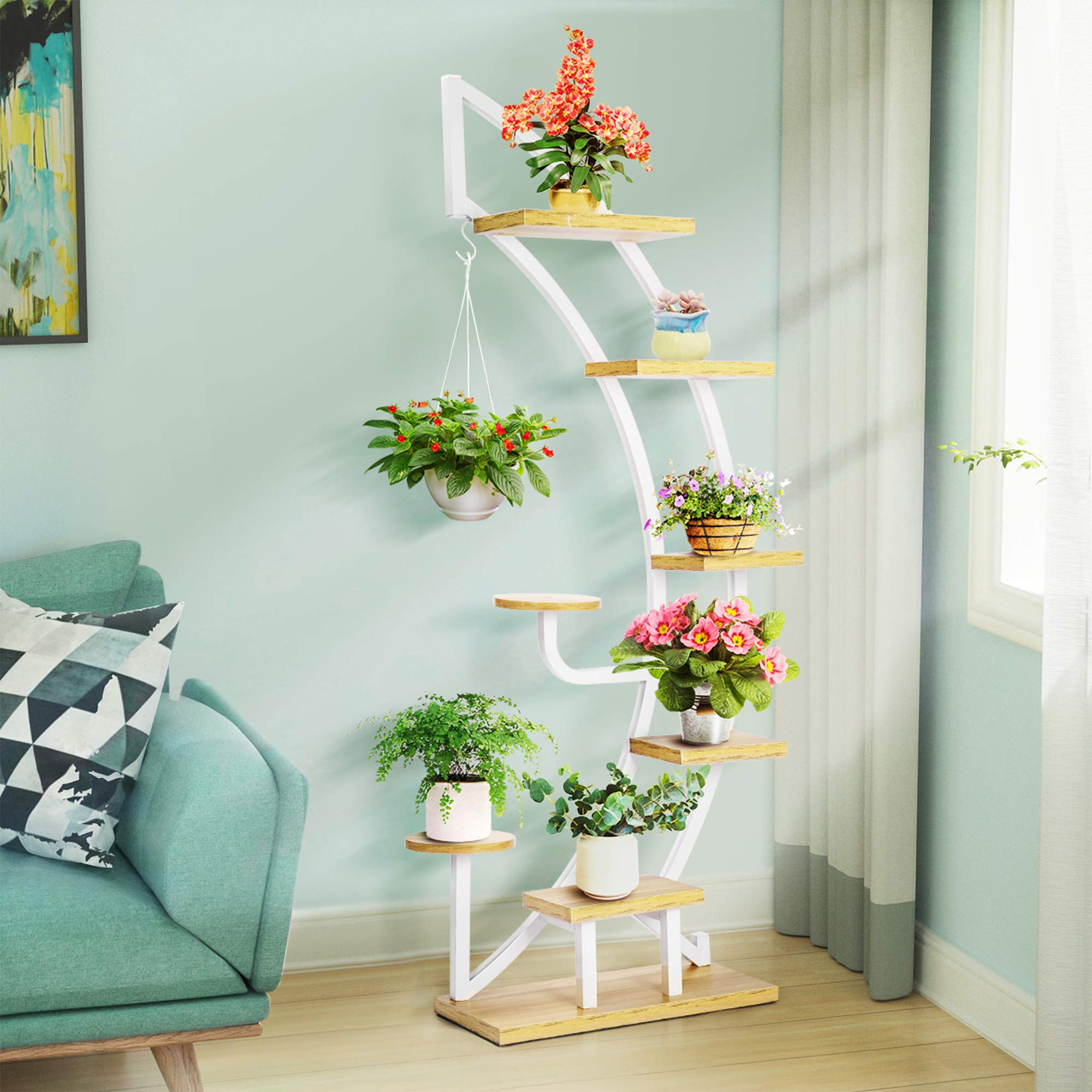 VIVOHOME 6 Tier 9 Potted Steel-Wood Plant Stand with Hanger - Curved Flower Pot Holder Shelf for Indoor Plants - Perfect for Living Room, Balcony, and Home Decor