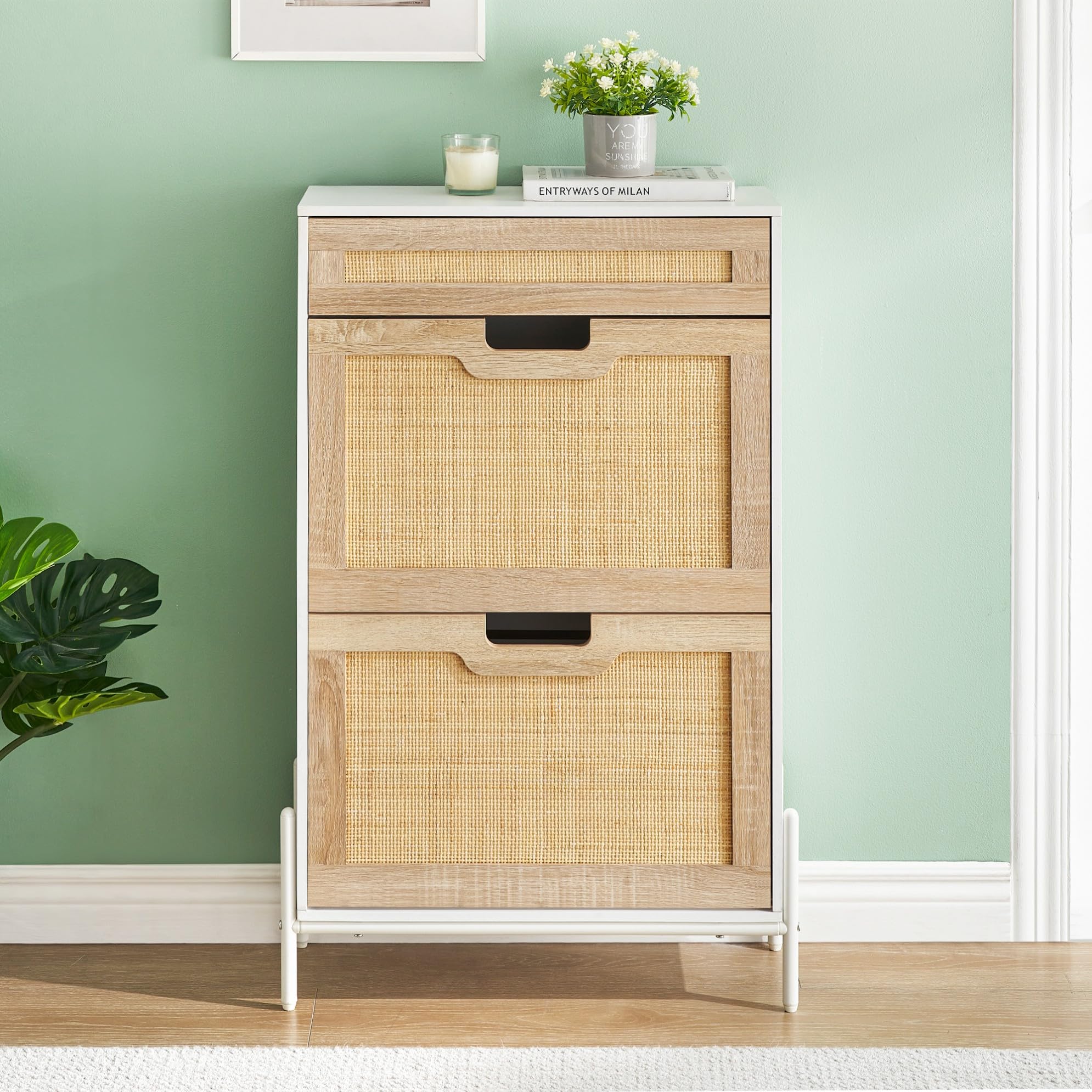 IDEALHOUSE Natural Rattan 2-Door Shoe Cabinet with Drawer - Freestanding Shoe Storage Organizer for Entryway, 3-Tier Adjustable Shelves - Perfect for Slippers, Sneakers, Heels & Boots | Ideal for Small Spaces, Apartments & Closet Organization