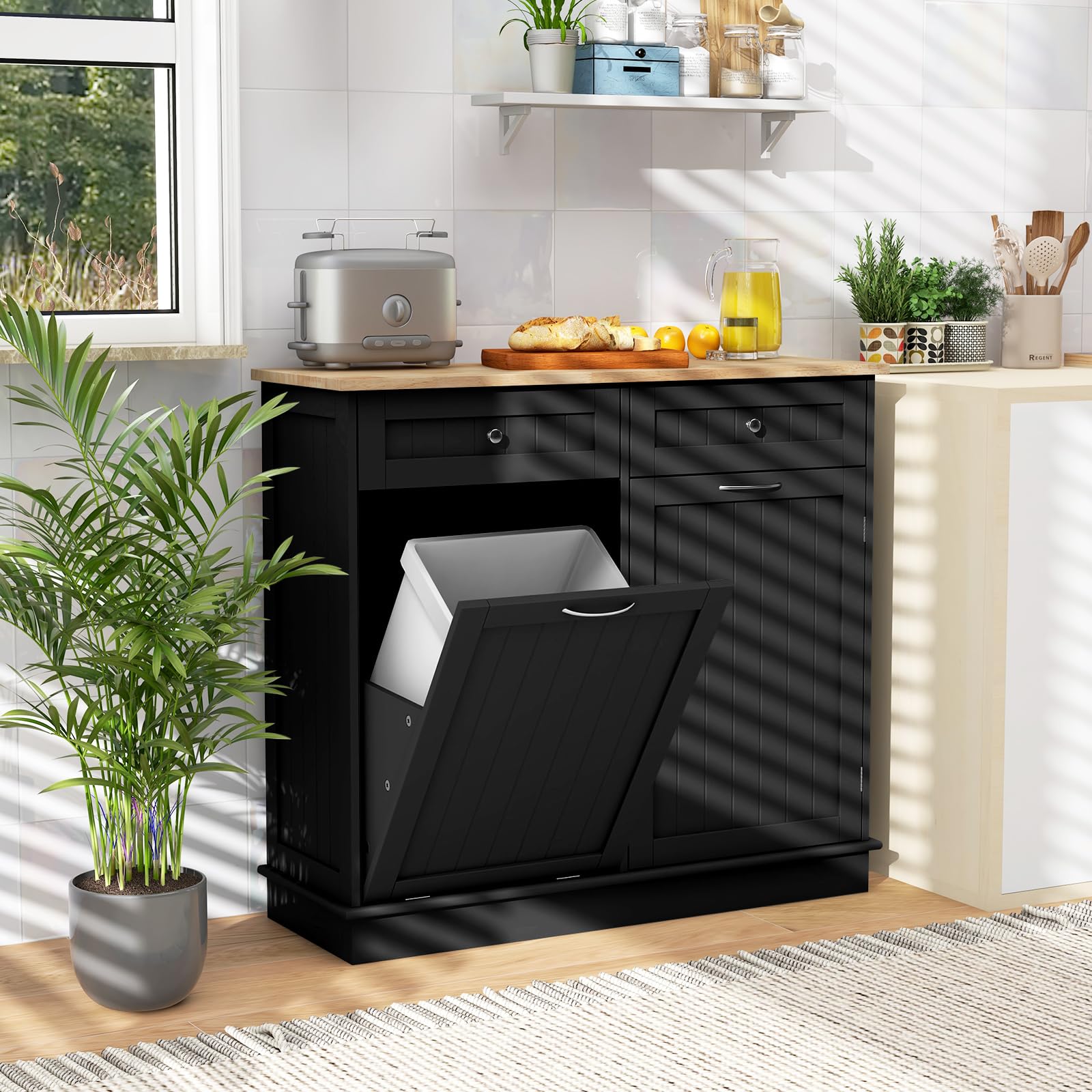 Giantex 15.5 Gallon Kitchen Trash Cabinet with Tilt-Out Bin | Rubber Wood Countertop Kitchen Island Organizer | 2 Drawers & Adjustable Shelf | Black Waste Recycling Storage for Small Spaces & Apartments | Perfect for Kitchen Organization & Garbage Disposal