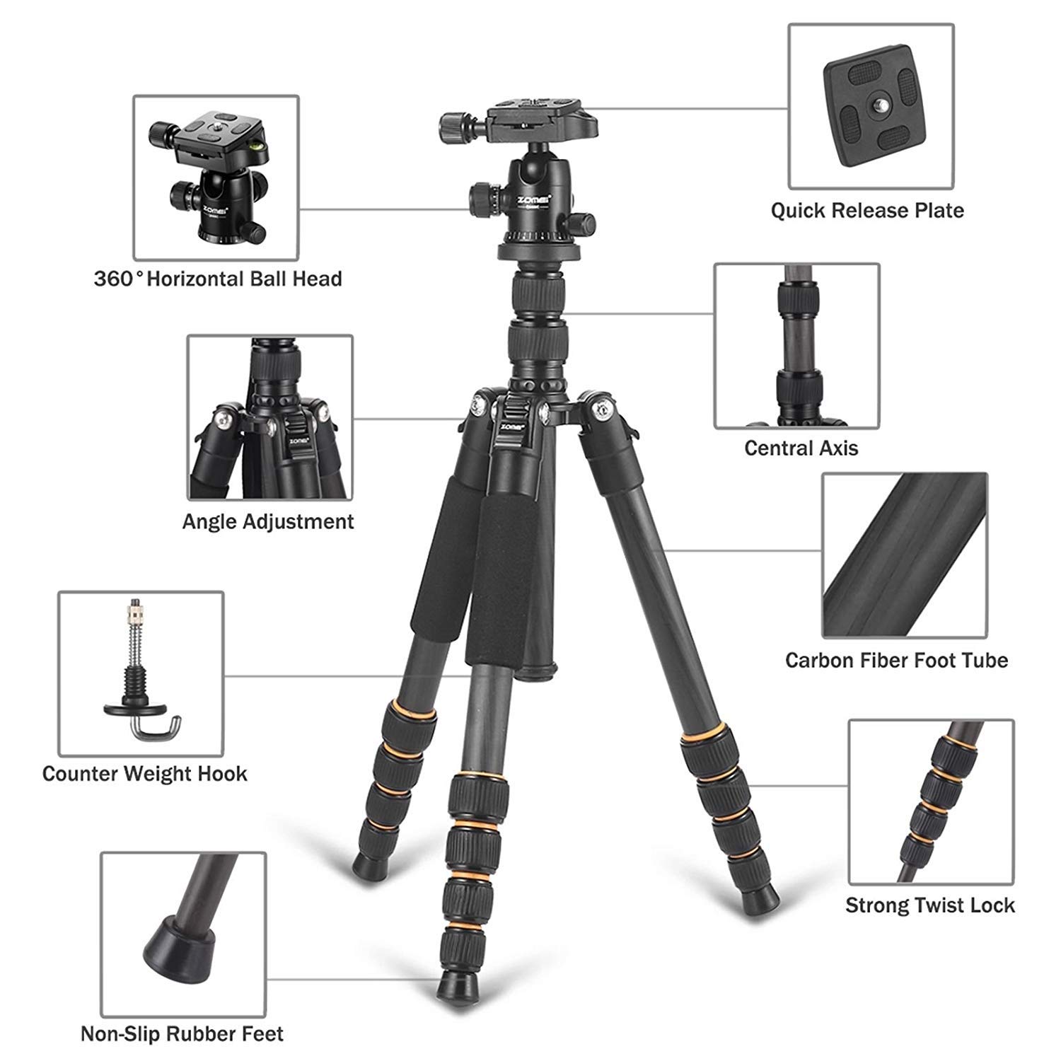 ZOMEI Q666C Carbon Fiber Tripod - Heavy Duty & Lightweight Travel Tripod with 360° Ball Head - Compact Camera Stand for Canon, Sony, Nikon DSLR - Perfect for Travel, Photography & Vlogging