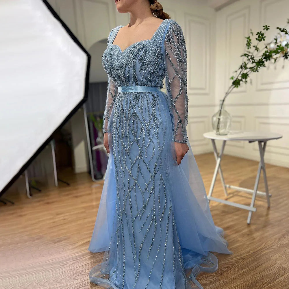 Serene Hill Blue Mermaid Evening Gown with Pearl Beading - Elegant Arabic Style Wedding Dress for Women | Perfect for Formal Parties, Prom & Special Occasions