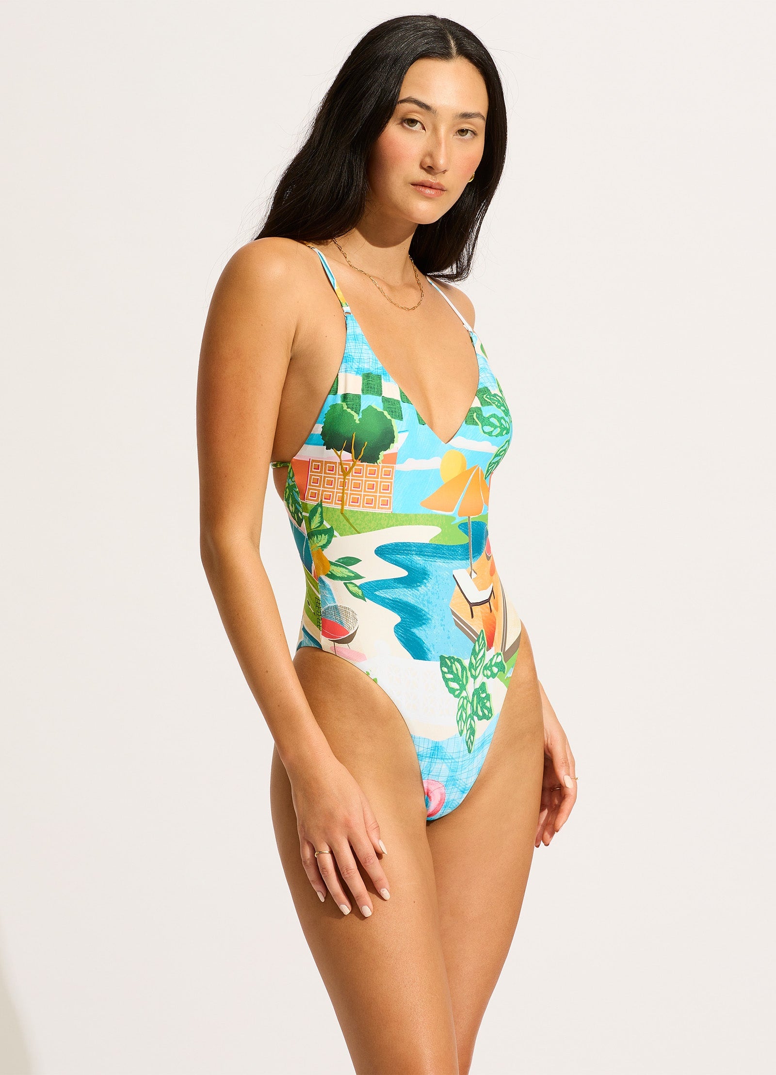 Turquoise Sunset V Neck One Piece Swimsuit for Women - Flattering Swimwear for Beach, Pool & Vacation