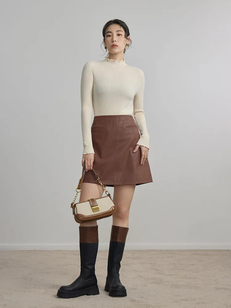 DUSHU High Waist A-Line PU Mini Skirt for Women - Brown Knee-Length Zipper Waist Skirt | 2024 Fall Fashion, Office Commute & Night Out Outfits
