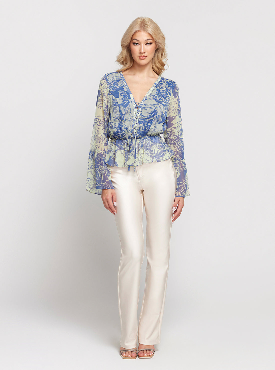 Blue Floral Print Long Sleeve Demi Top for Women - Elegant Blouse for Casual Wear, Office & Date Night Outfits
